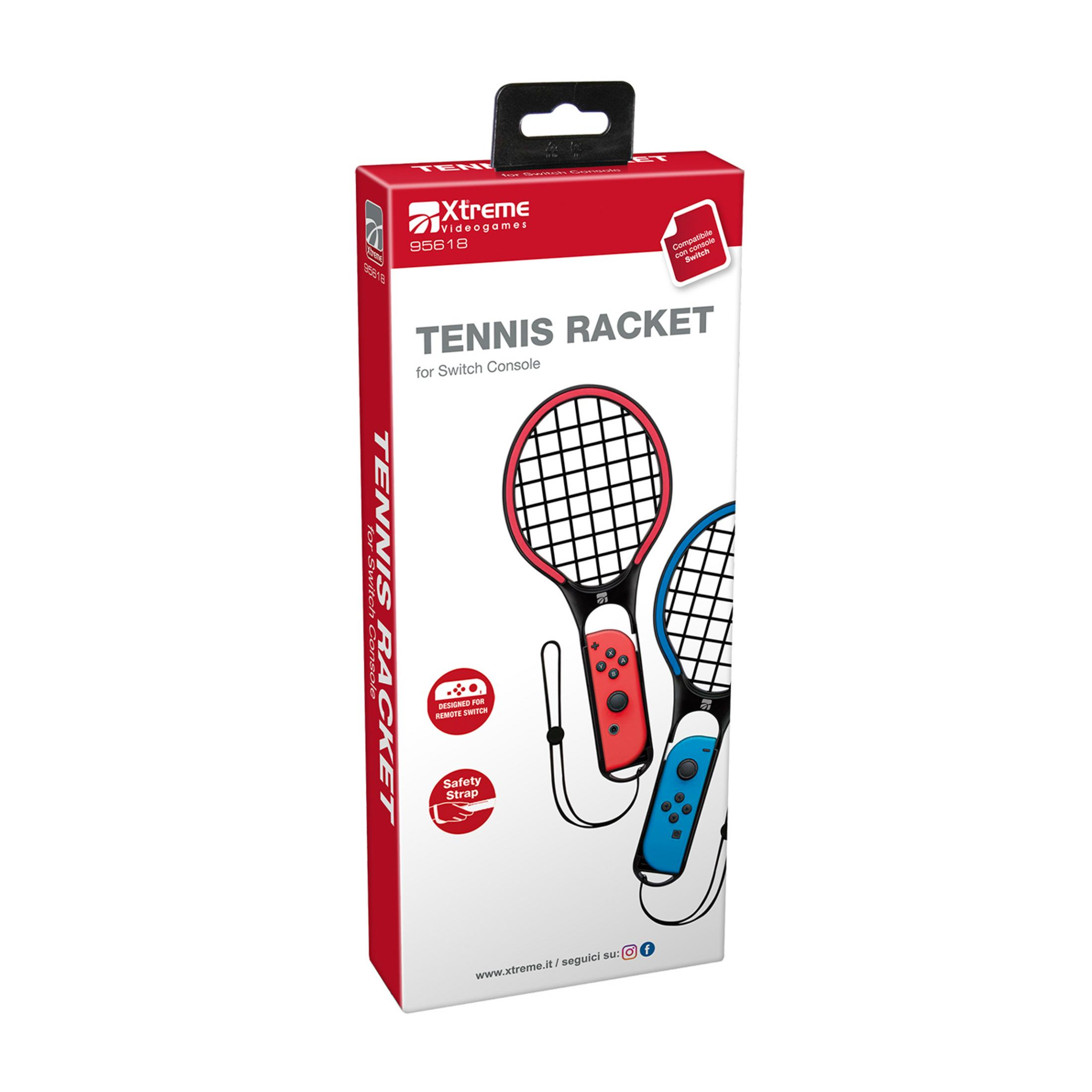Confezione per un set di racchette da tennis per console Switch, con controller rossi e blu.
