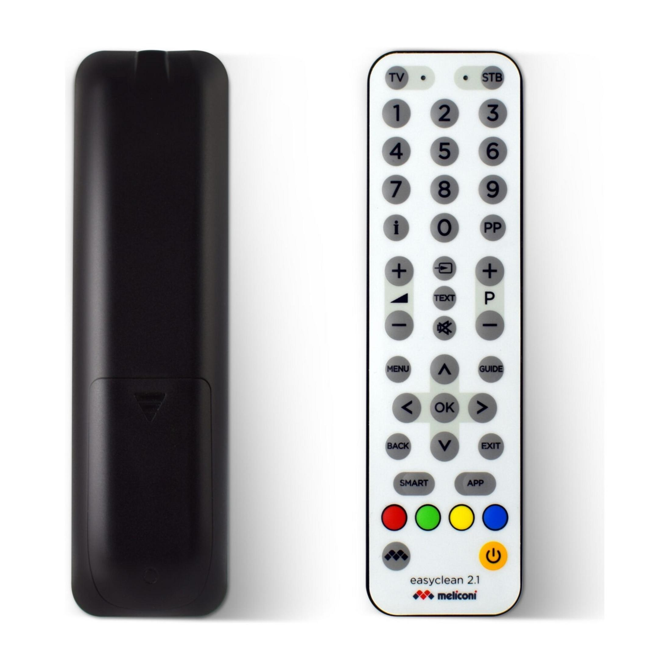 Telecomando nero con pulsanti e numeri su sfondo bianco.