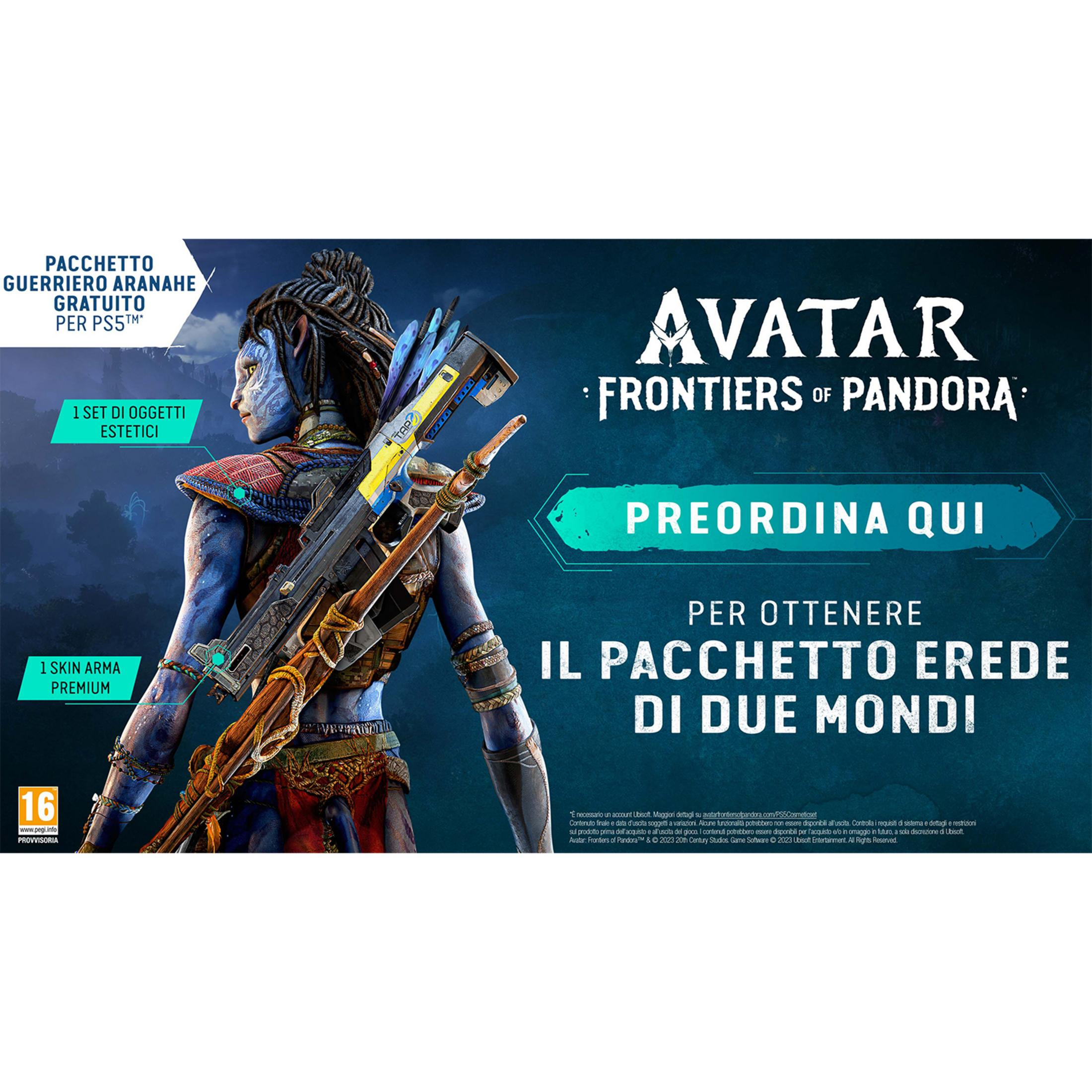 Un guerriero di Pandora con un'arma futuristica, pubblicità del gioco Avatar.