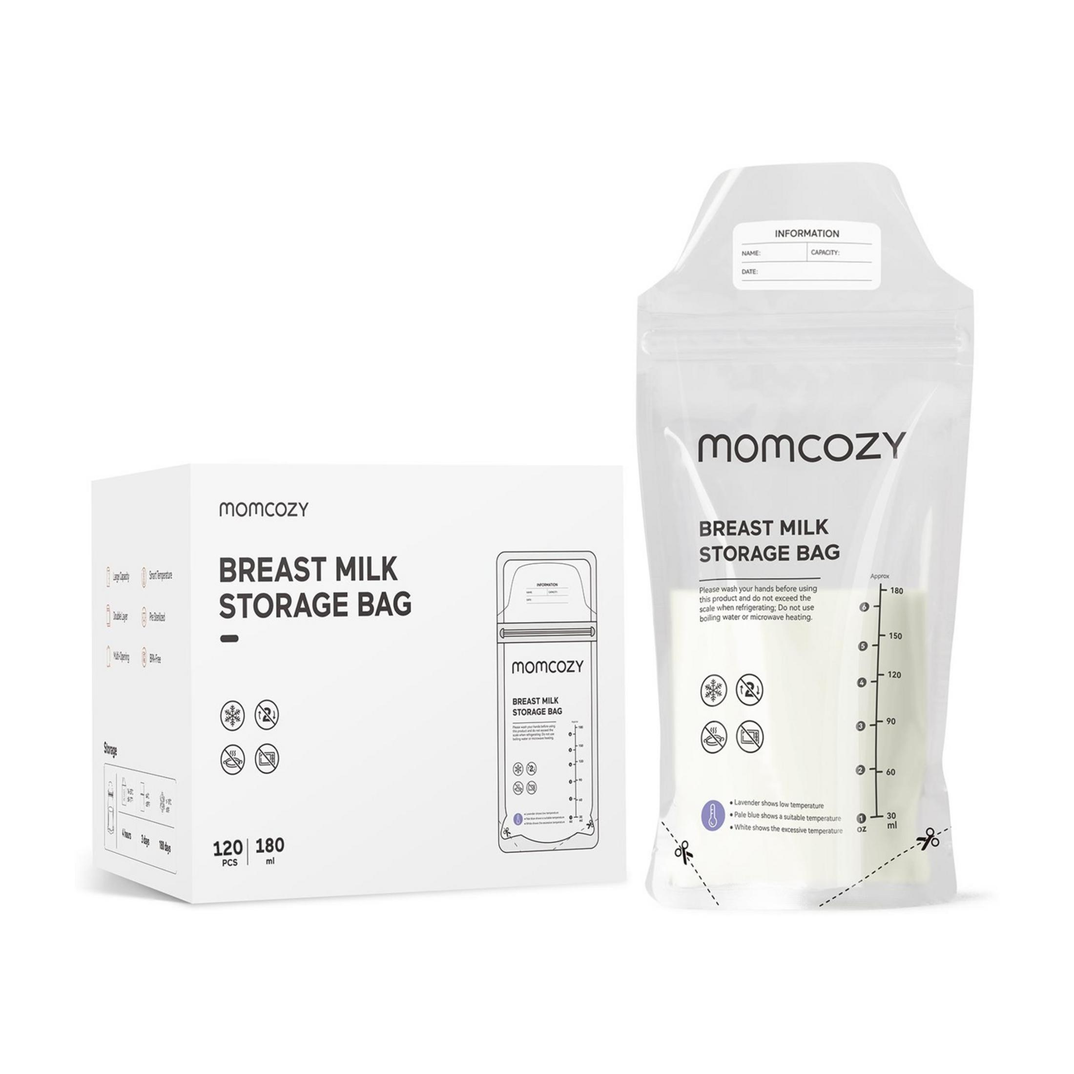 Momcozy Milchaufbewahrungsbeutel und eine Packung mit 120 Beuteln.