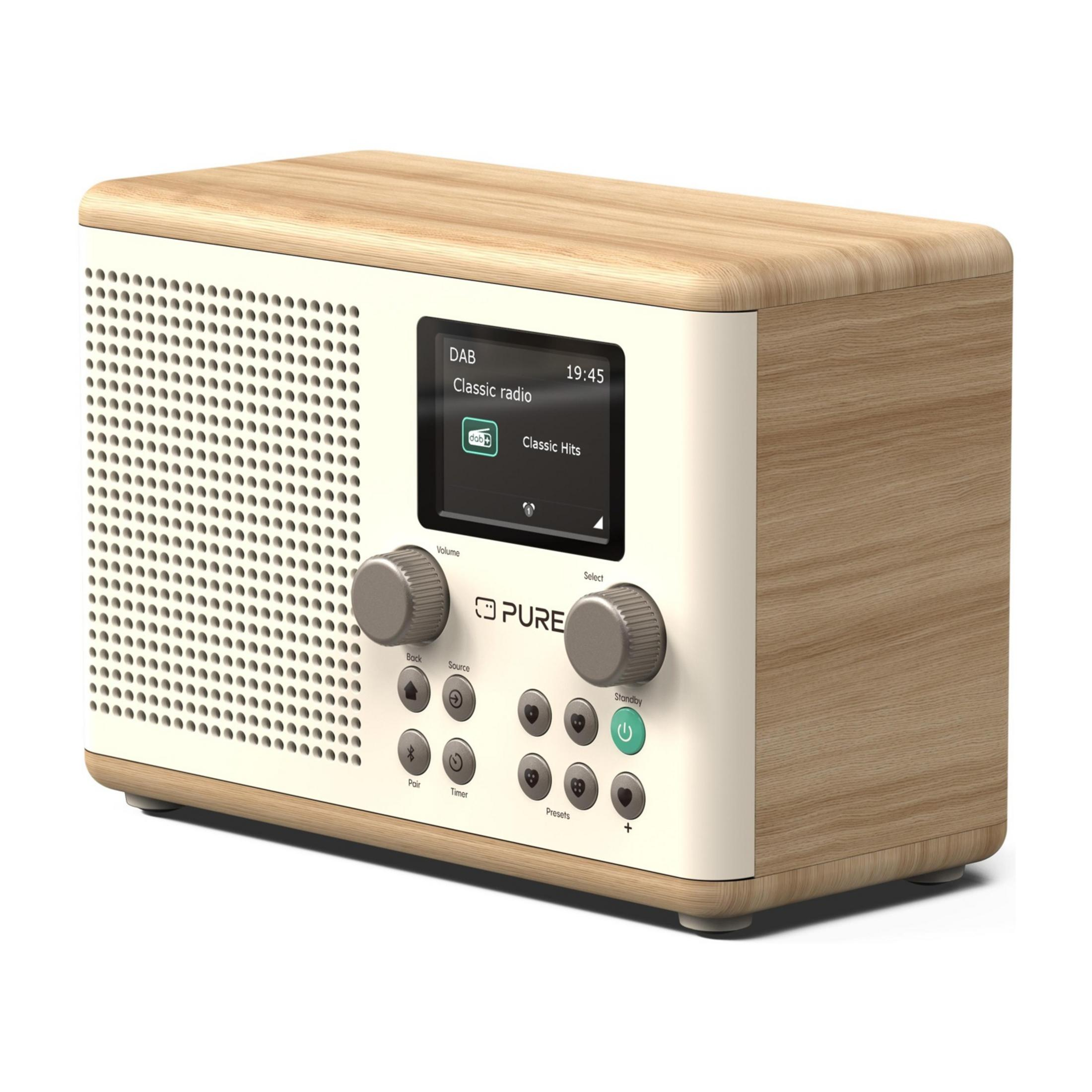 Kremowe radio DAB z drewnianymi akcentami i czarnym ekranem.