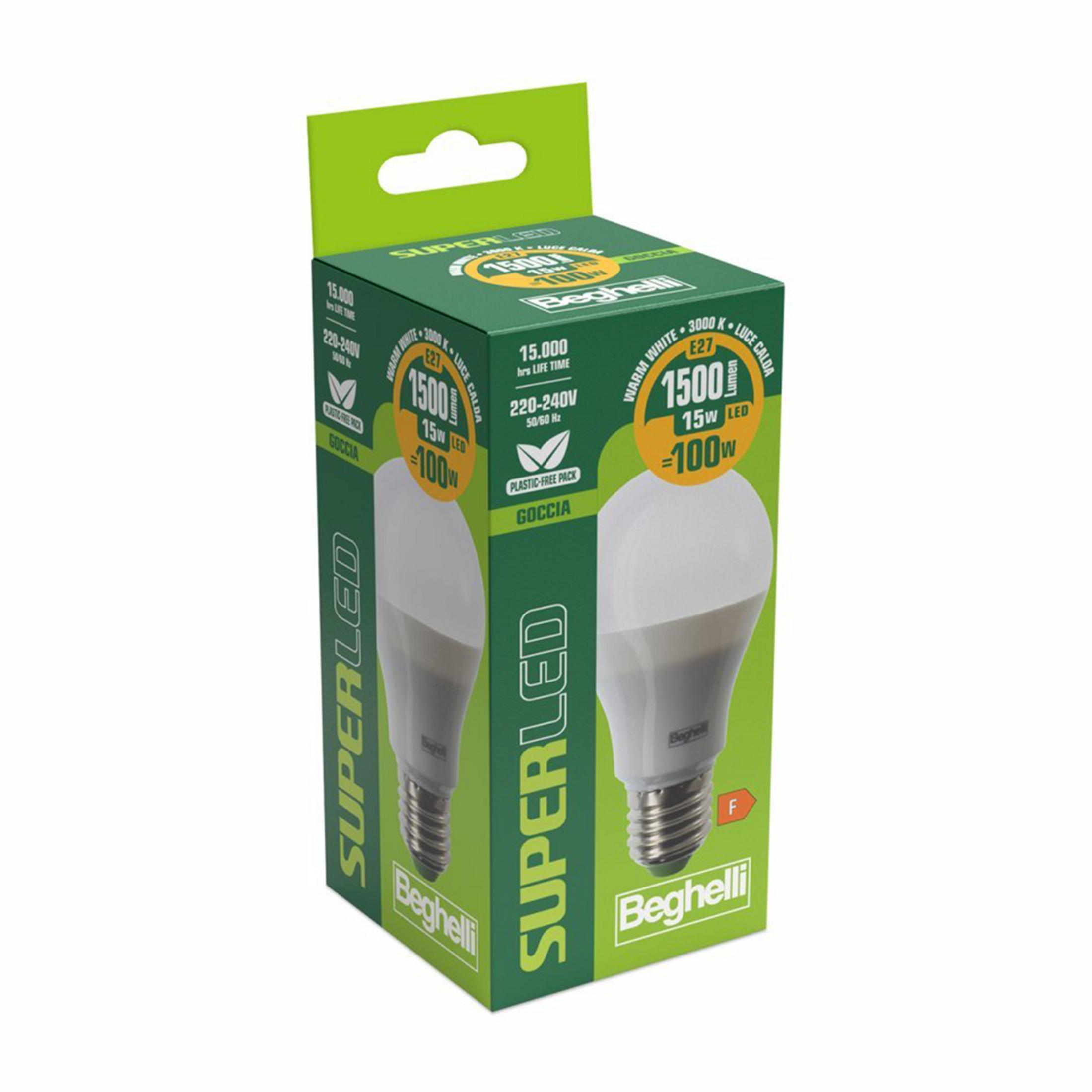 Zielone pudełko z żarówką LED, 1500 lumenów, 15W, ciepła biel.