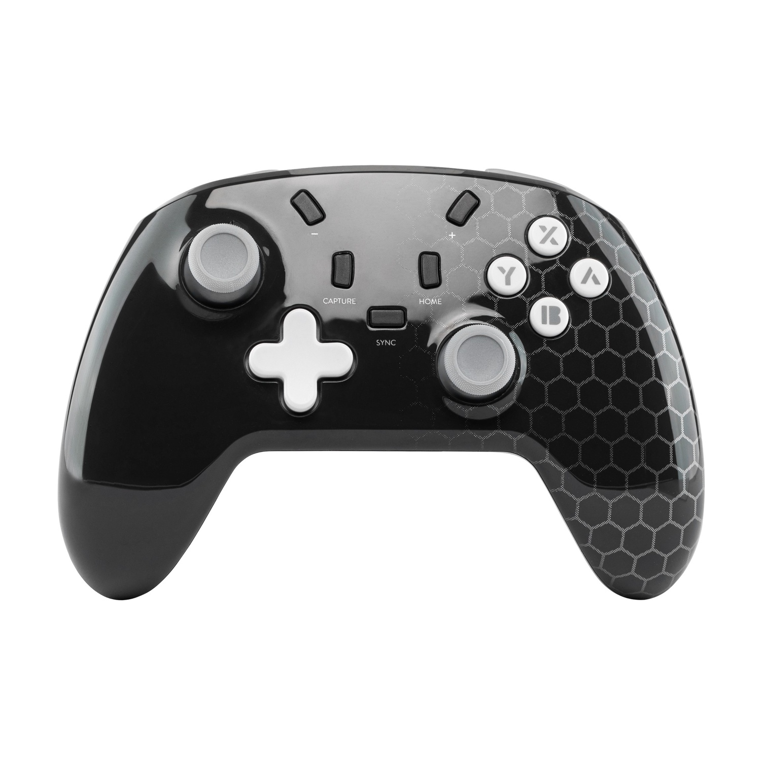 Zwarte gamecontroller met witte knoppen en zilveren analoge sticks.