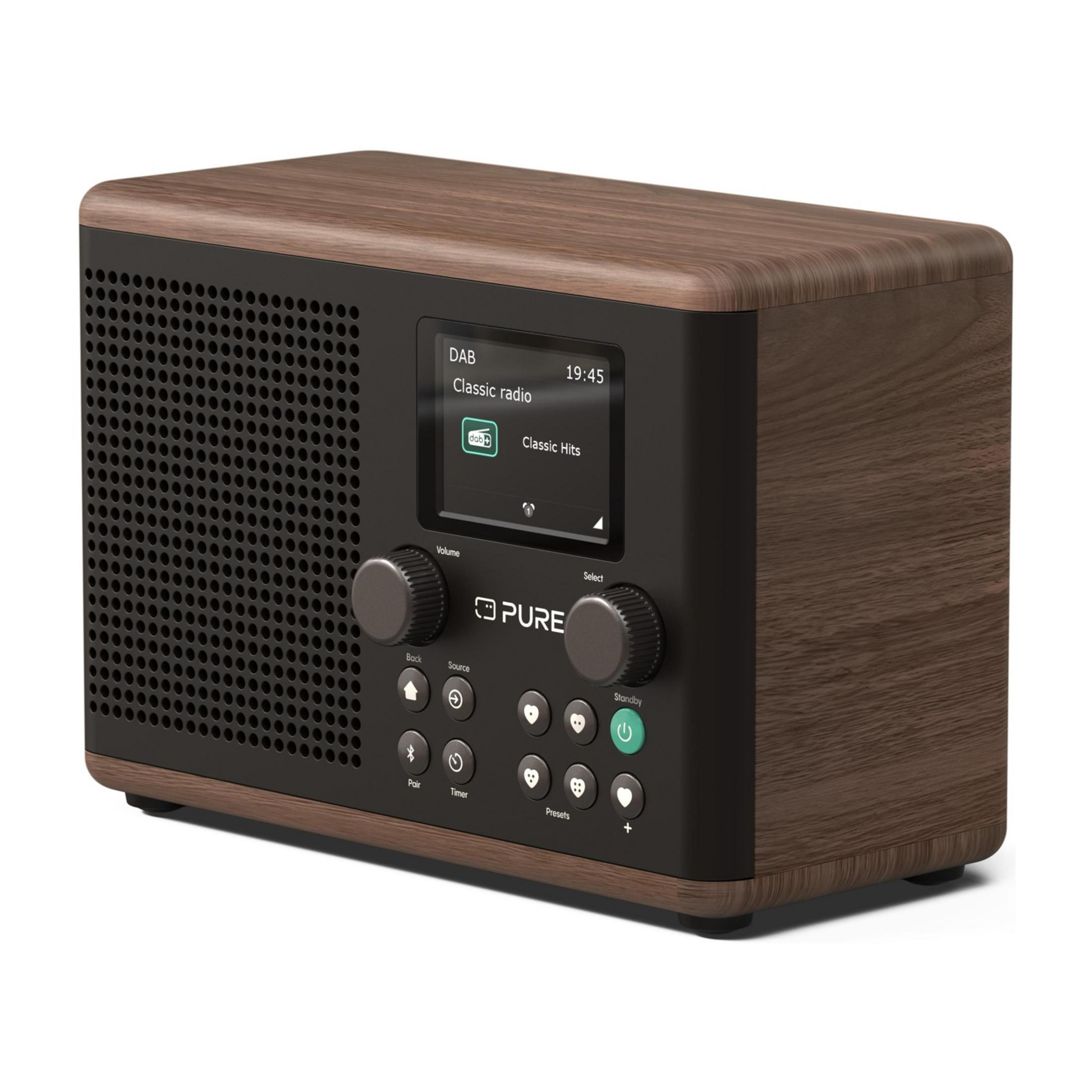 Drewniane radio z cyfrowym wyświetlaczem DAB, pokrętłami i przyciskami.