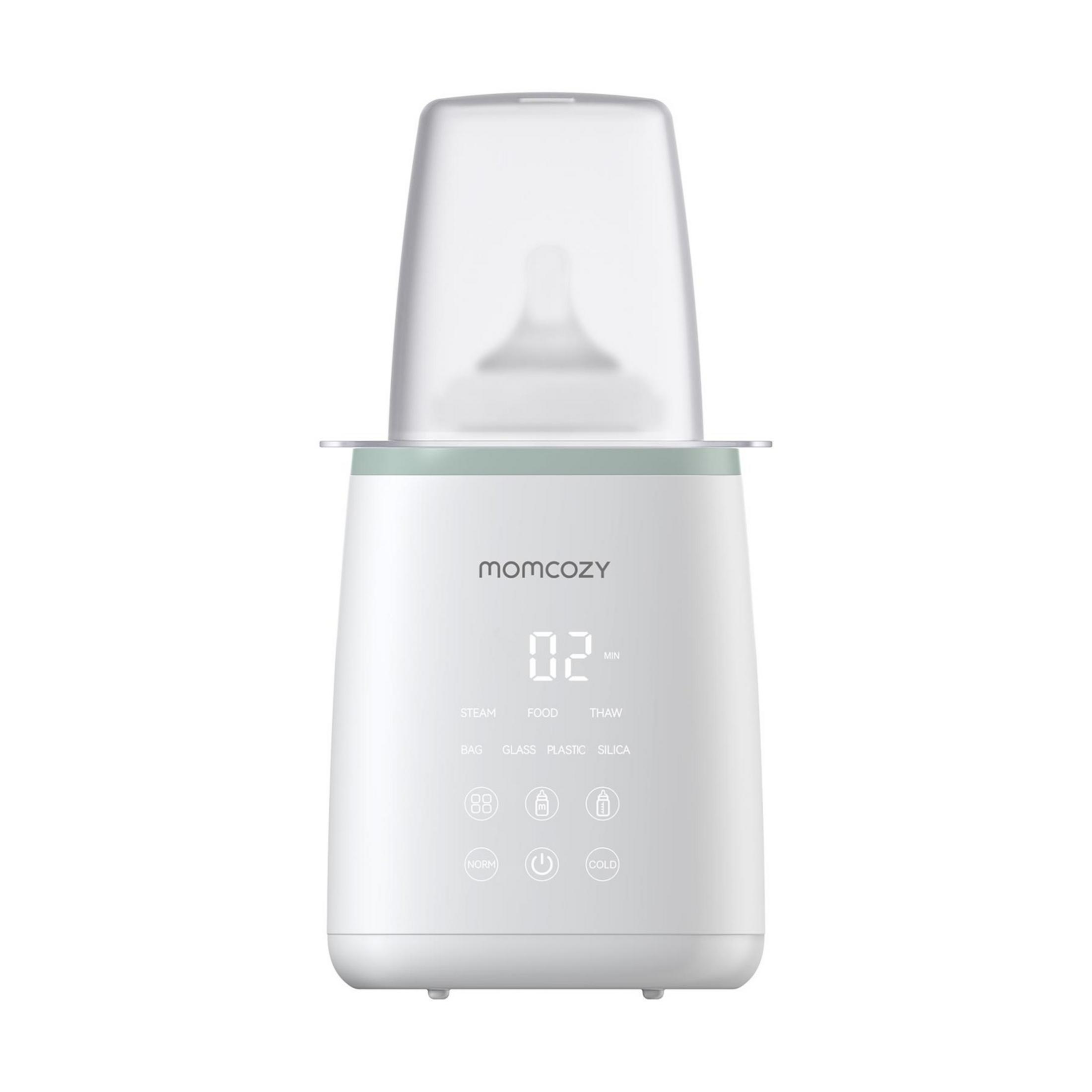 Een witte flessenwarmer met digitaal display en transparante deksel.