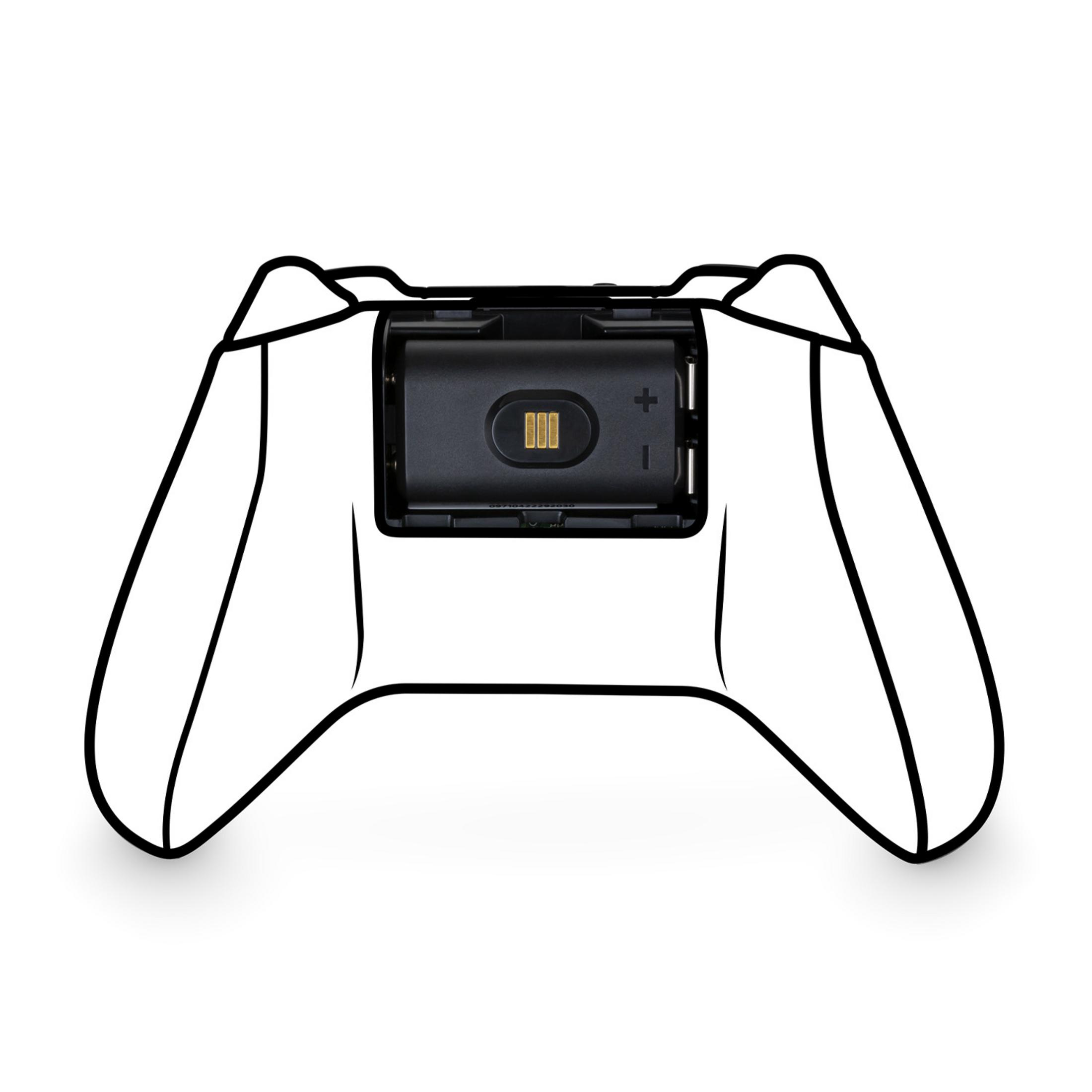 Un controller bianco con vano batteria aperto che mostra un pacco batteria nero.