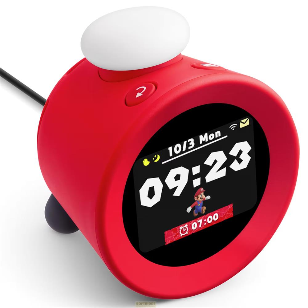 Czerwony budzik Mario pokazujący 09:23 z postacią Mario.