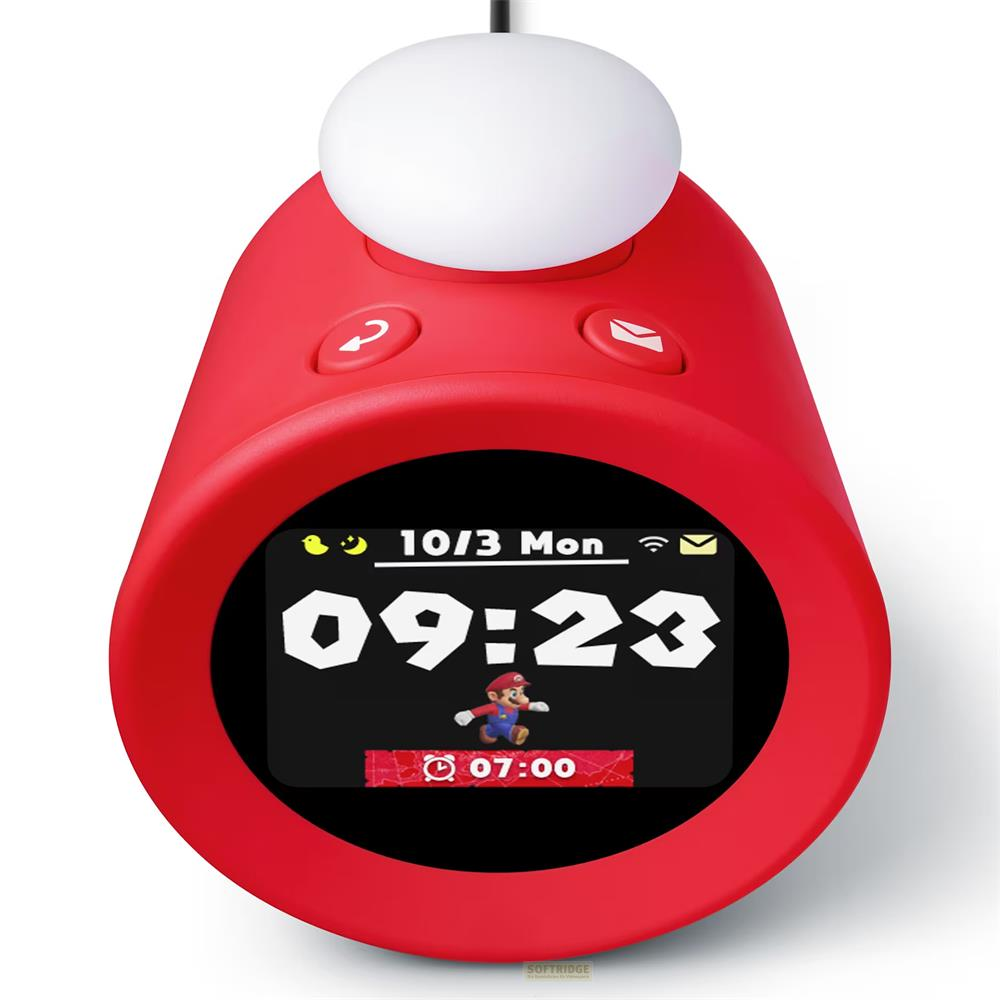 Czerwony budzik Mario pokazuje 9:23 i 7:00. Na górze biała kula.
