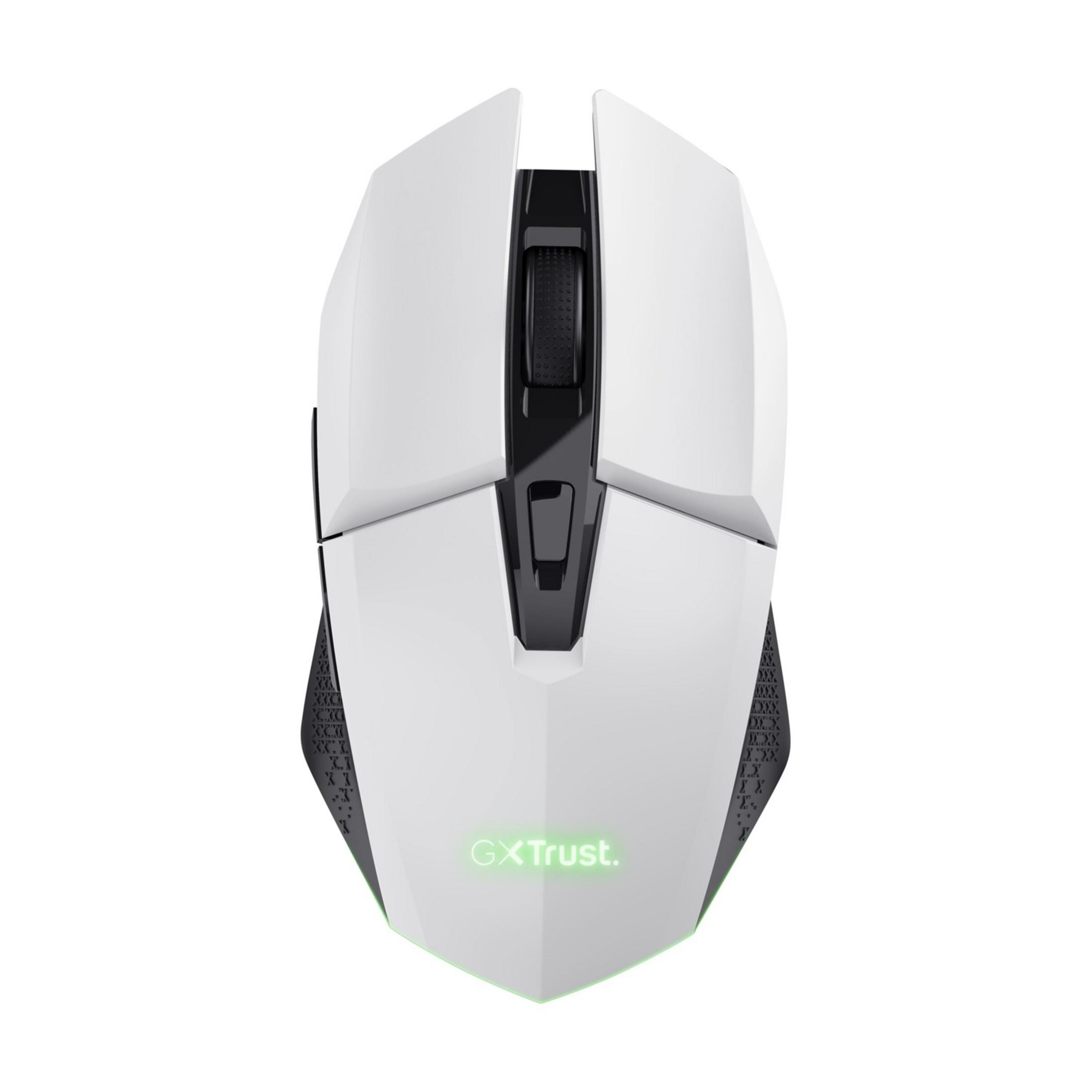 Eine weiße Gaming-Maus mit schwarzem Scrollrad und Tasten.