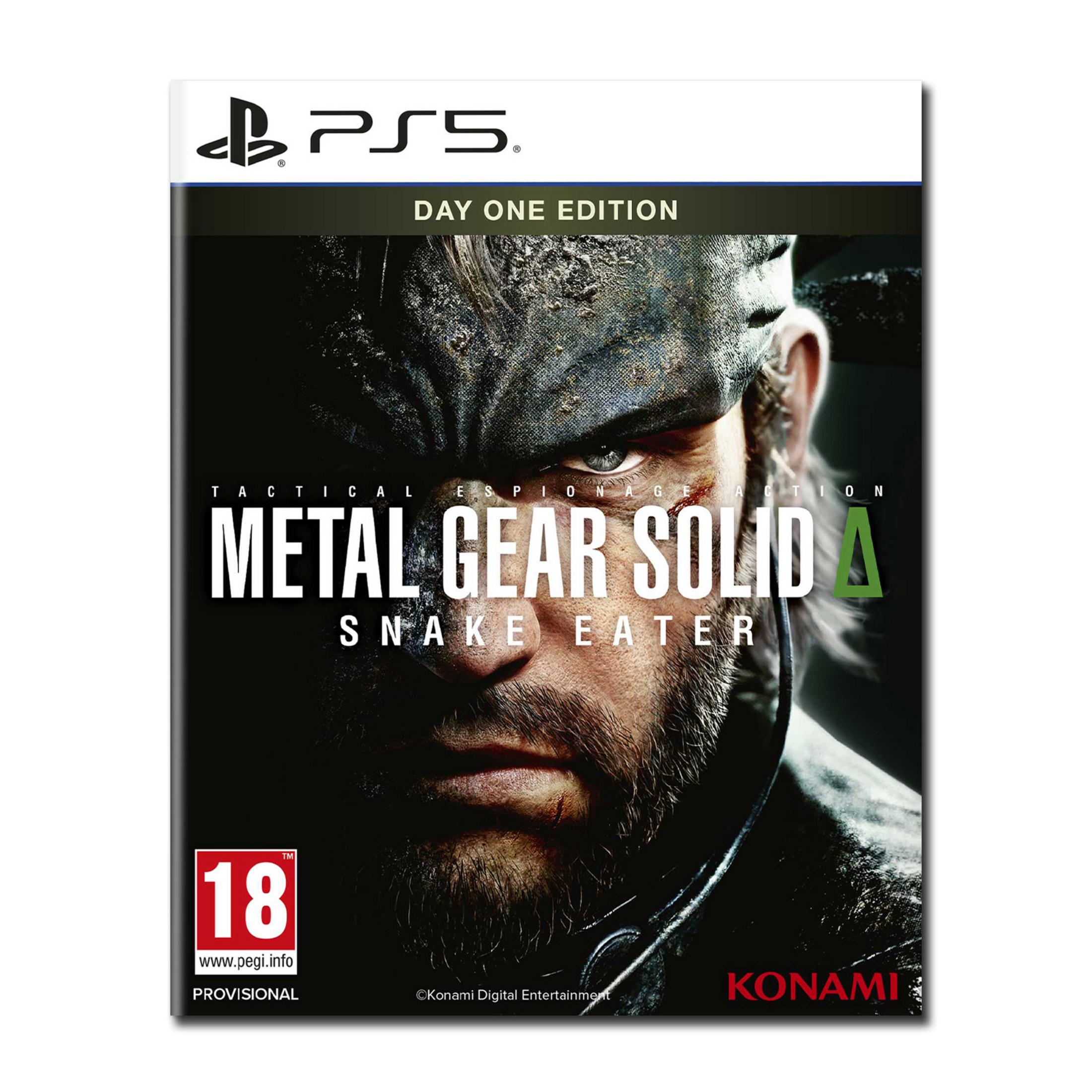Copertina PS5: Metal Gear Solid con primo piano di Snake, PEGI 18.