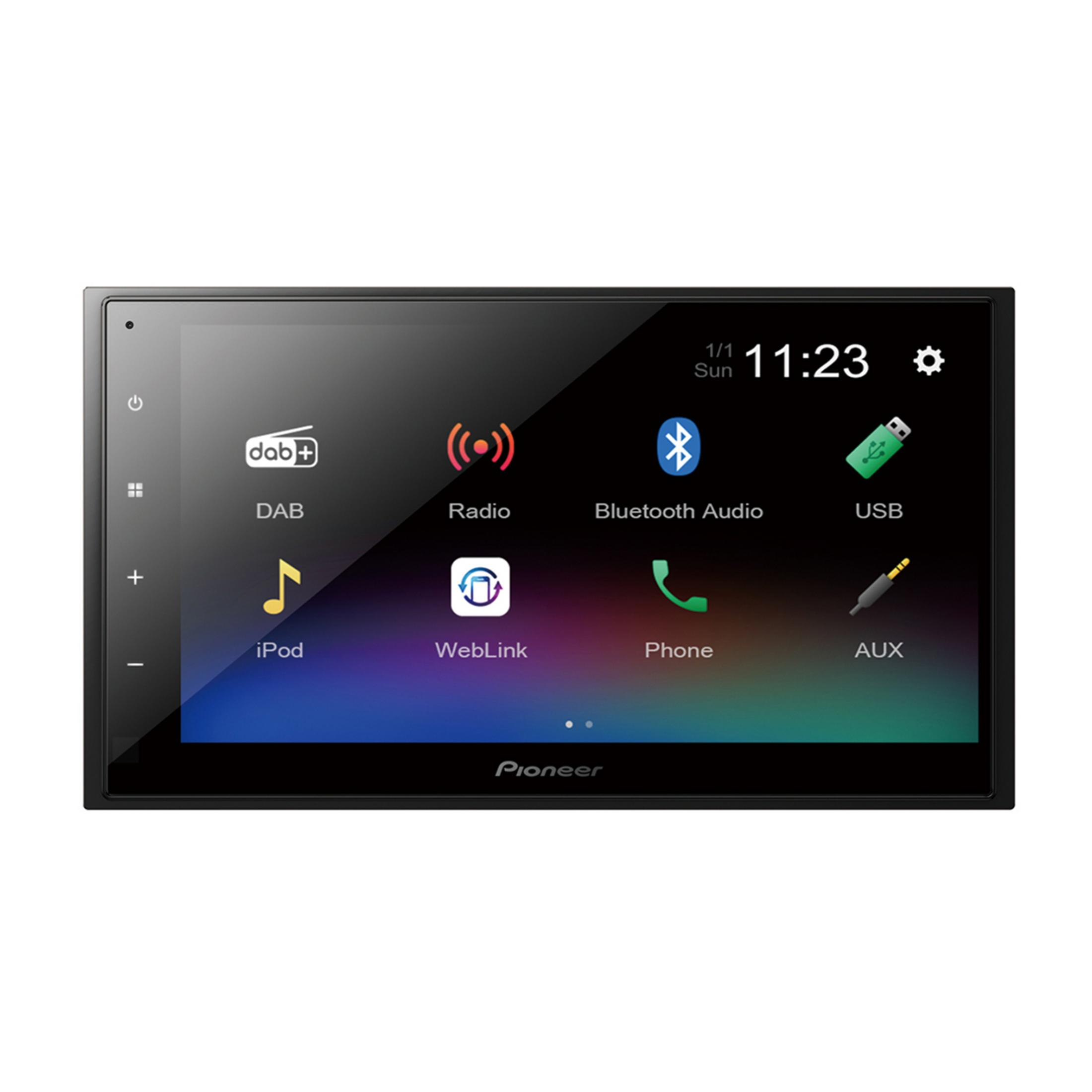 Ein Autoradio-Touchscreen zeigt DAB+, Radio, Bluetooth, USB, iPod, Weblink, Telefon und AUX.
