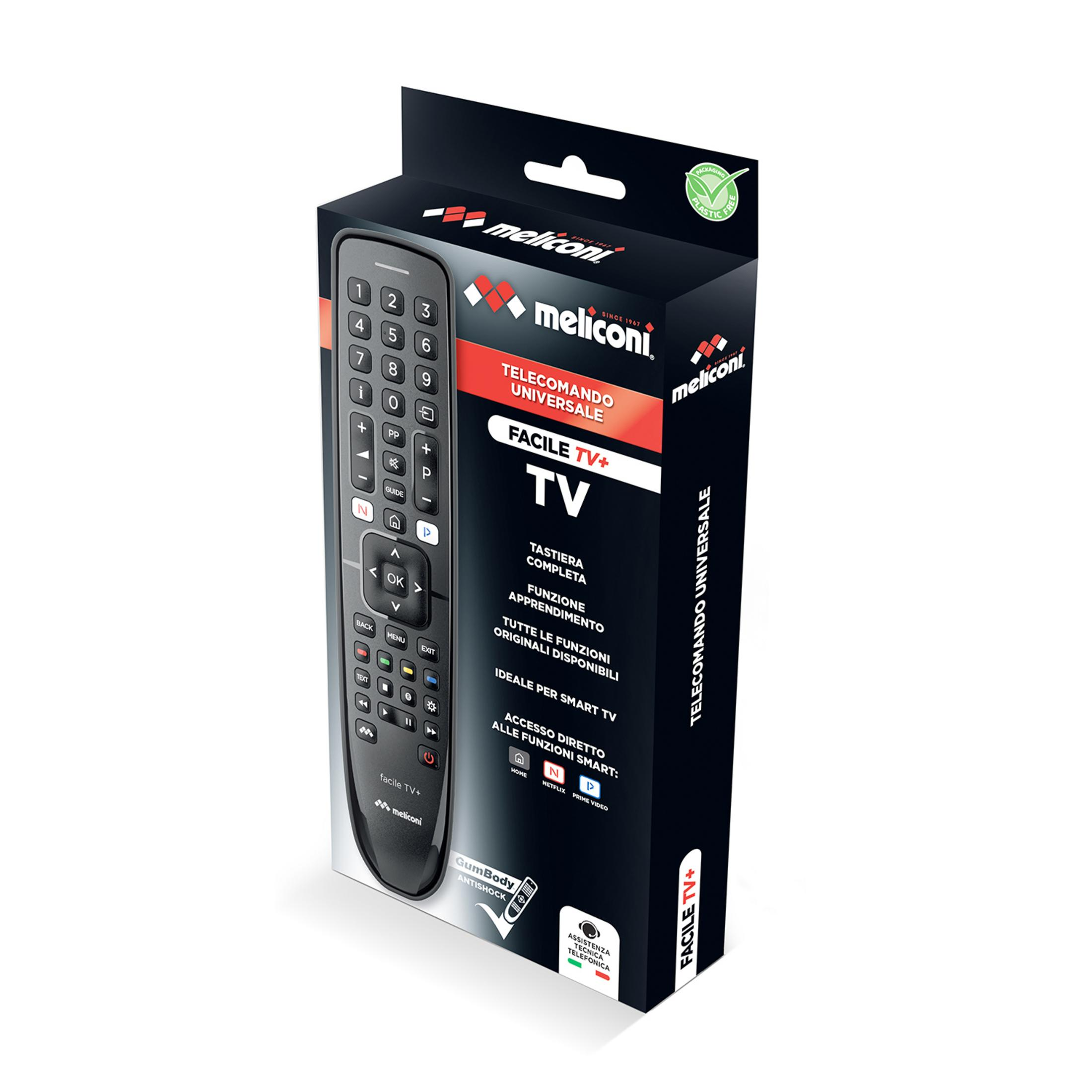 Opakowanie czarnego, uniwersalnego pilota Meliconi do telewizorów Smart TV.
