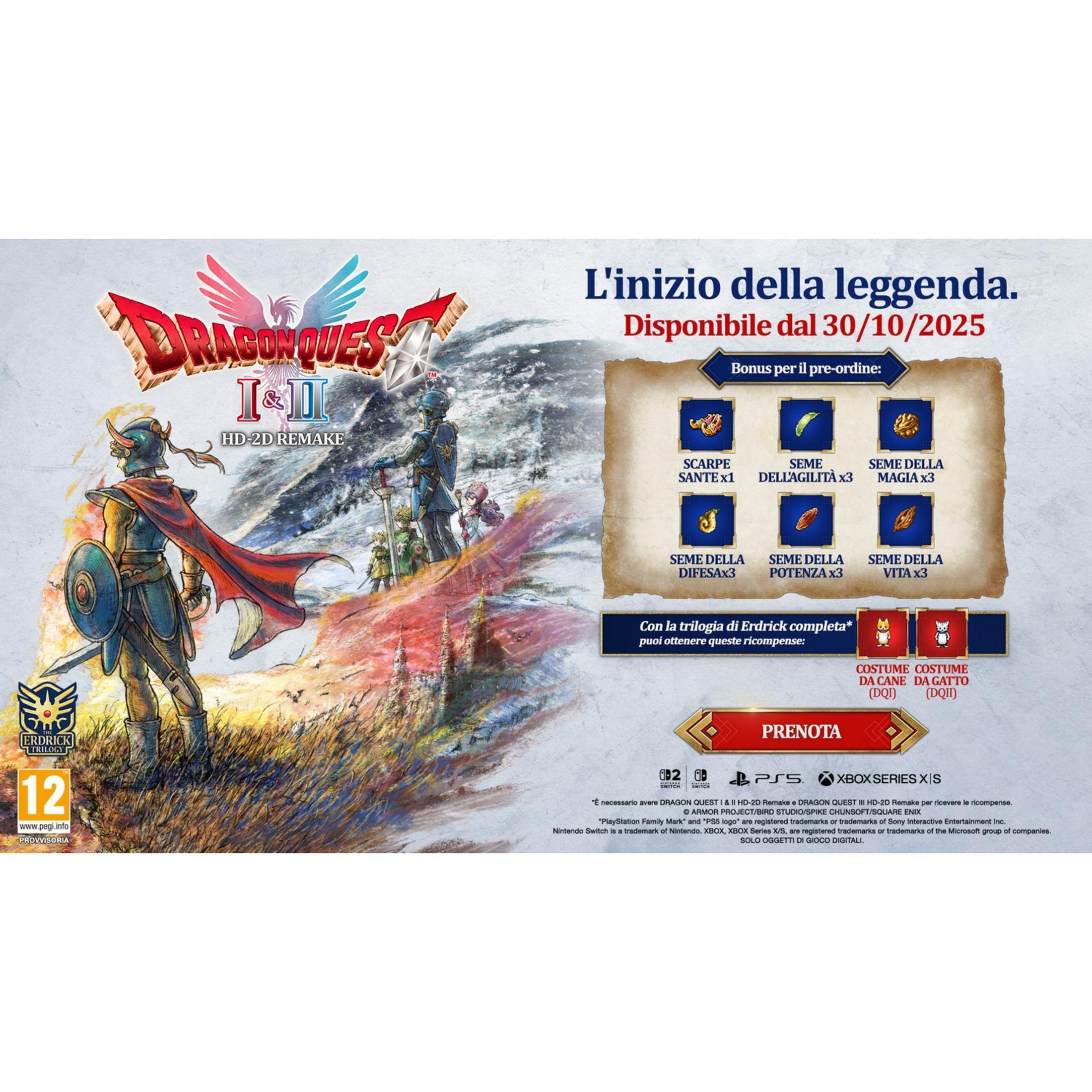 Reklama Dragon Quest I & II HD-2D Remake z postaciami, ikonami i tekstem.