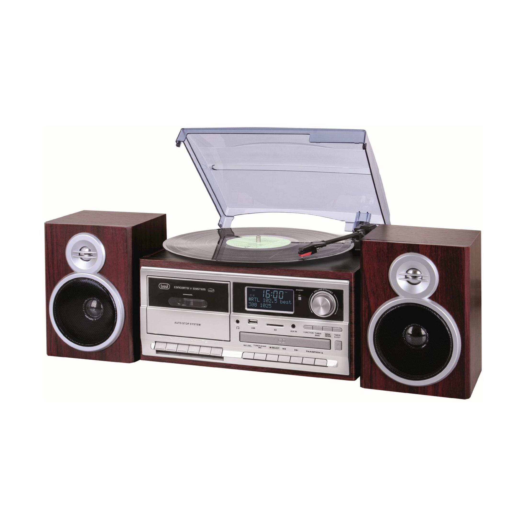 Tocadiscos con dos altavoces, reproductor de casetes y CD.
