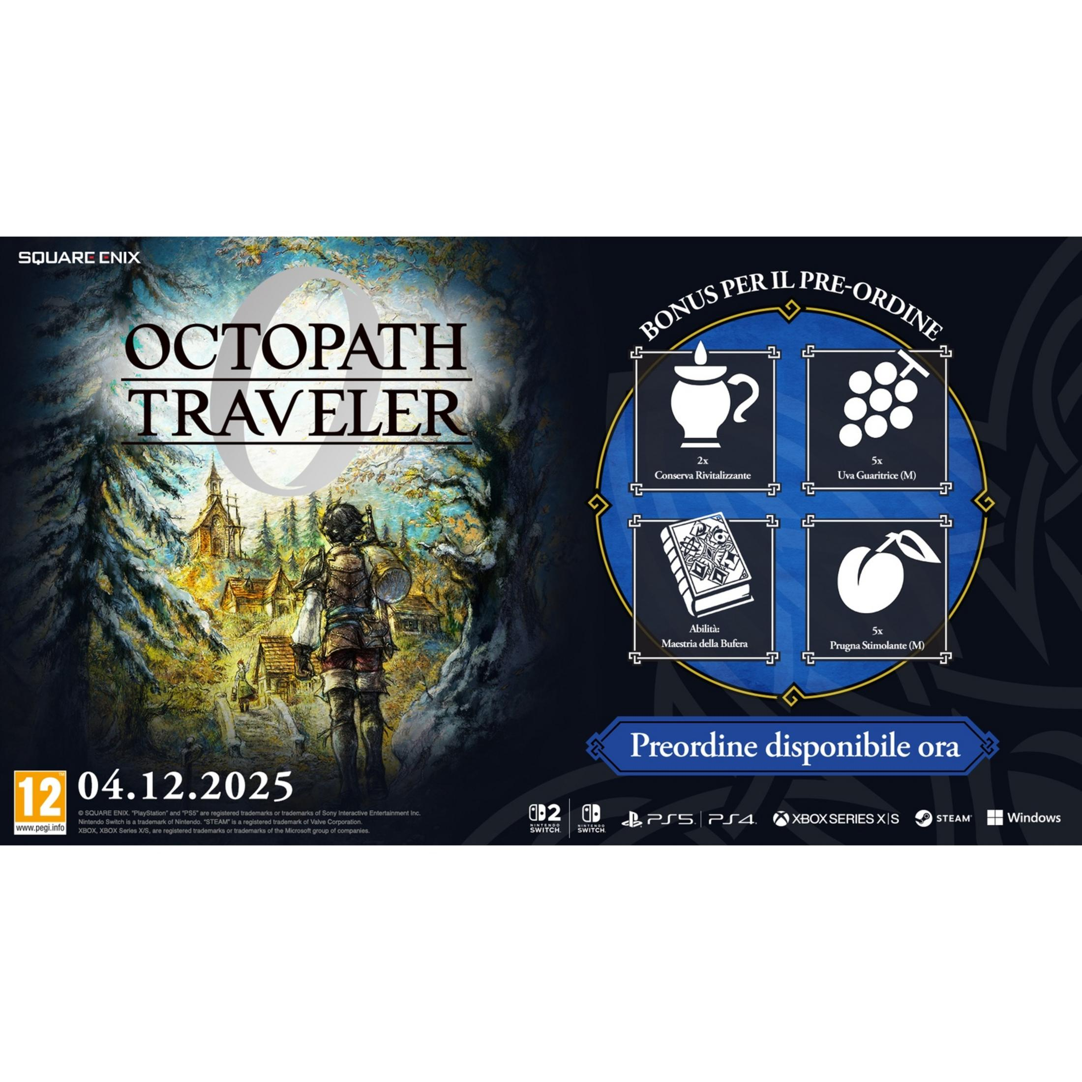 Copertina Octopath Traveler con personaggio e villaggio. Bonus pre-ordine a destra.
