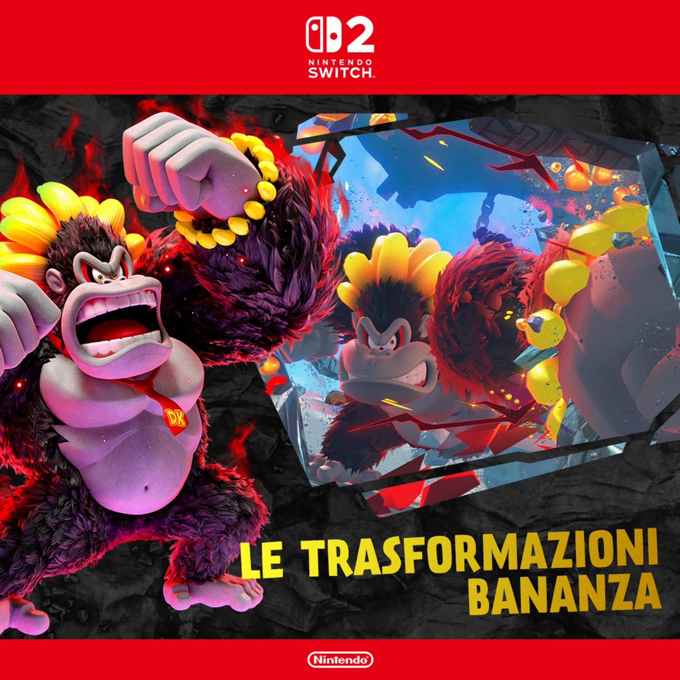 Donkey Kong mit gelbem Haar und roter Krawatte brüllt. Nintendo Switch-Logo oben.