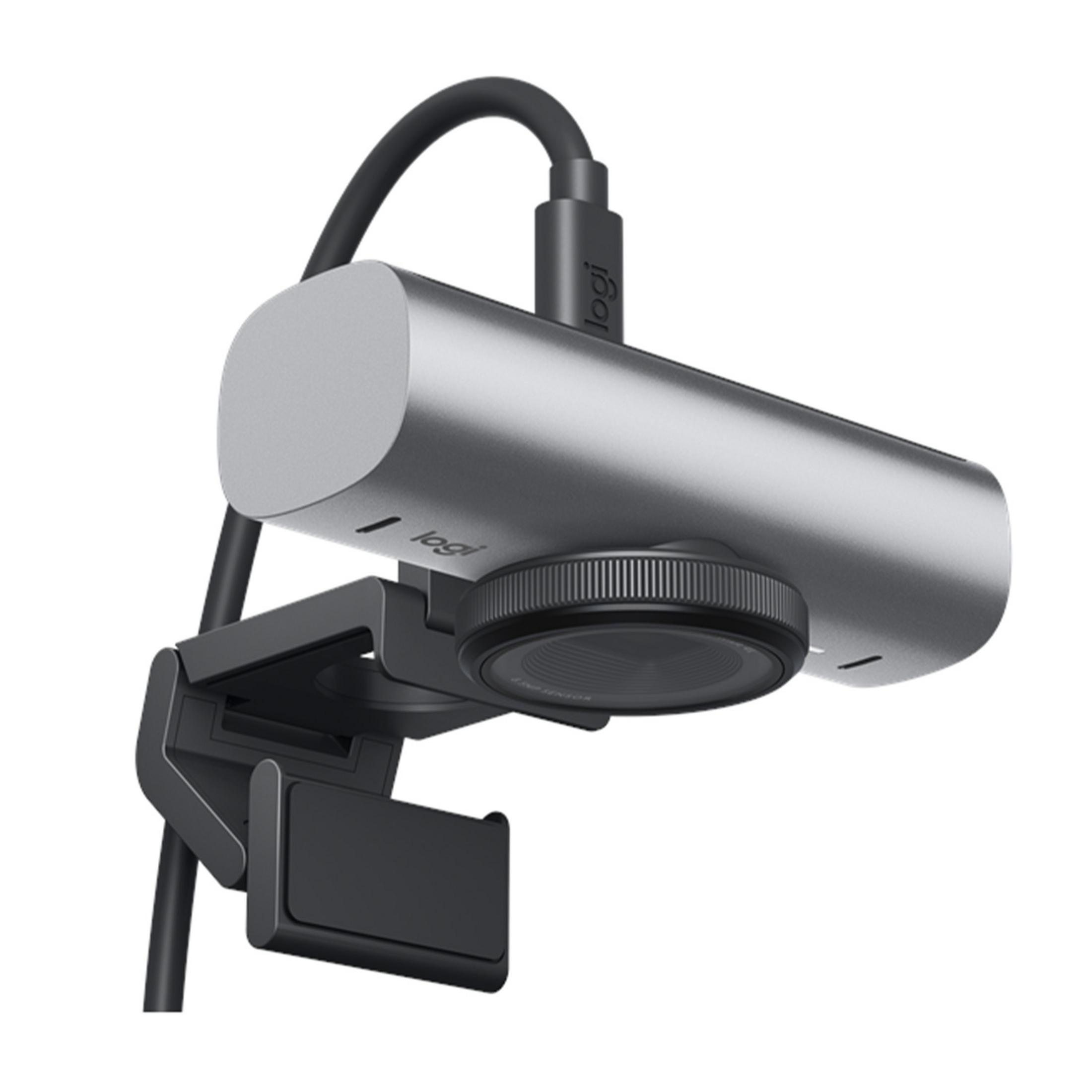 Szara kamera internetowa Logitech z pierścieniem świetlnym i czarnym klipsem.