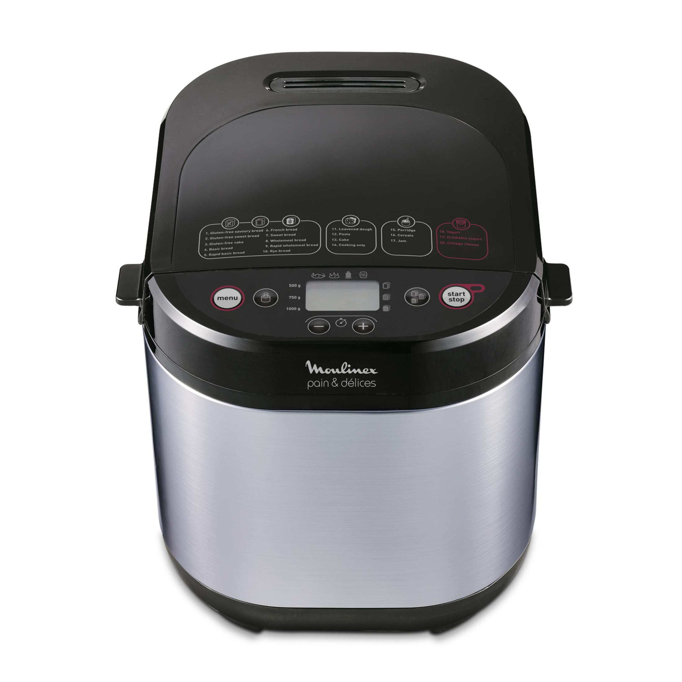 Eine schwarze und silberne Brotbackmaschine mit Bedienfeld und LCD-Anzeige.