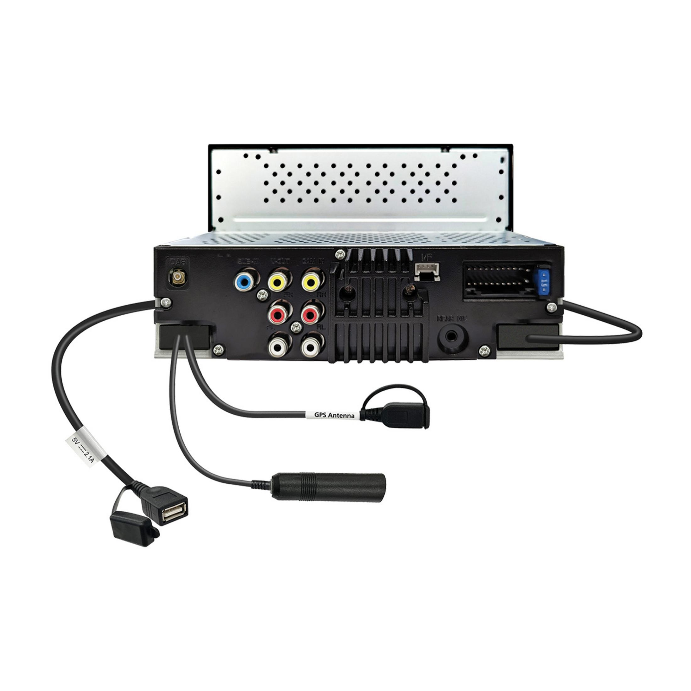 Arrière d'une autoradio avec connexions USB, GPS et audio/vidéo.