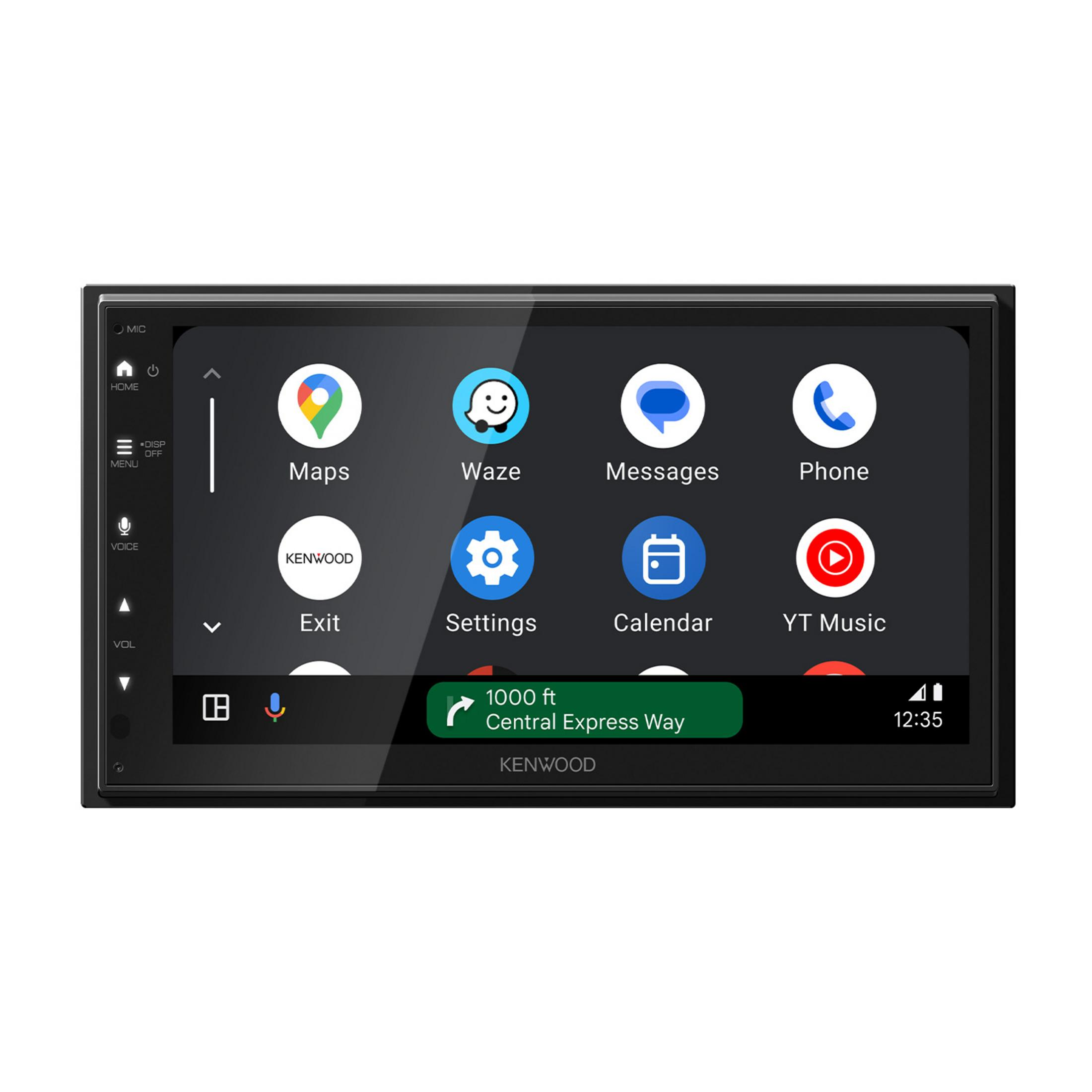 Écran d'autoradio Kenwood affichant des applications comme Maps, Waze, Téléphone et YouTube Music.