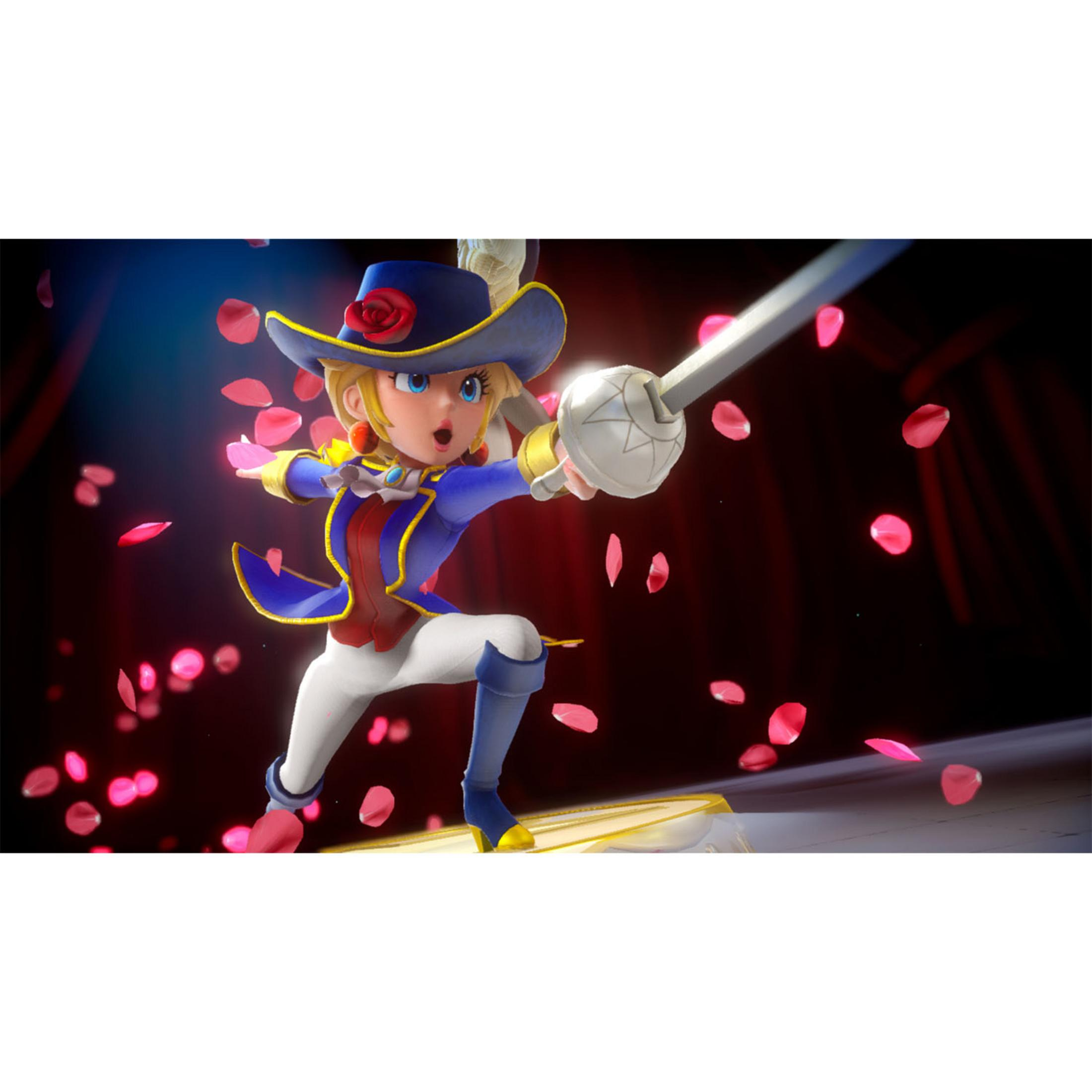 Un personaggio con cappello blu e rosa, che combatte con la spada, circondato da petali di rosa cadenti.