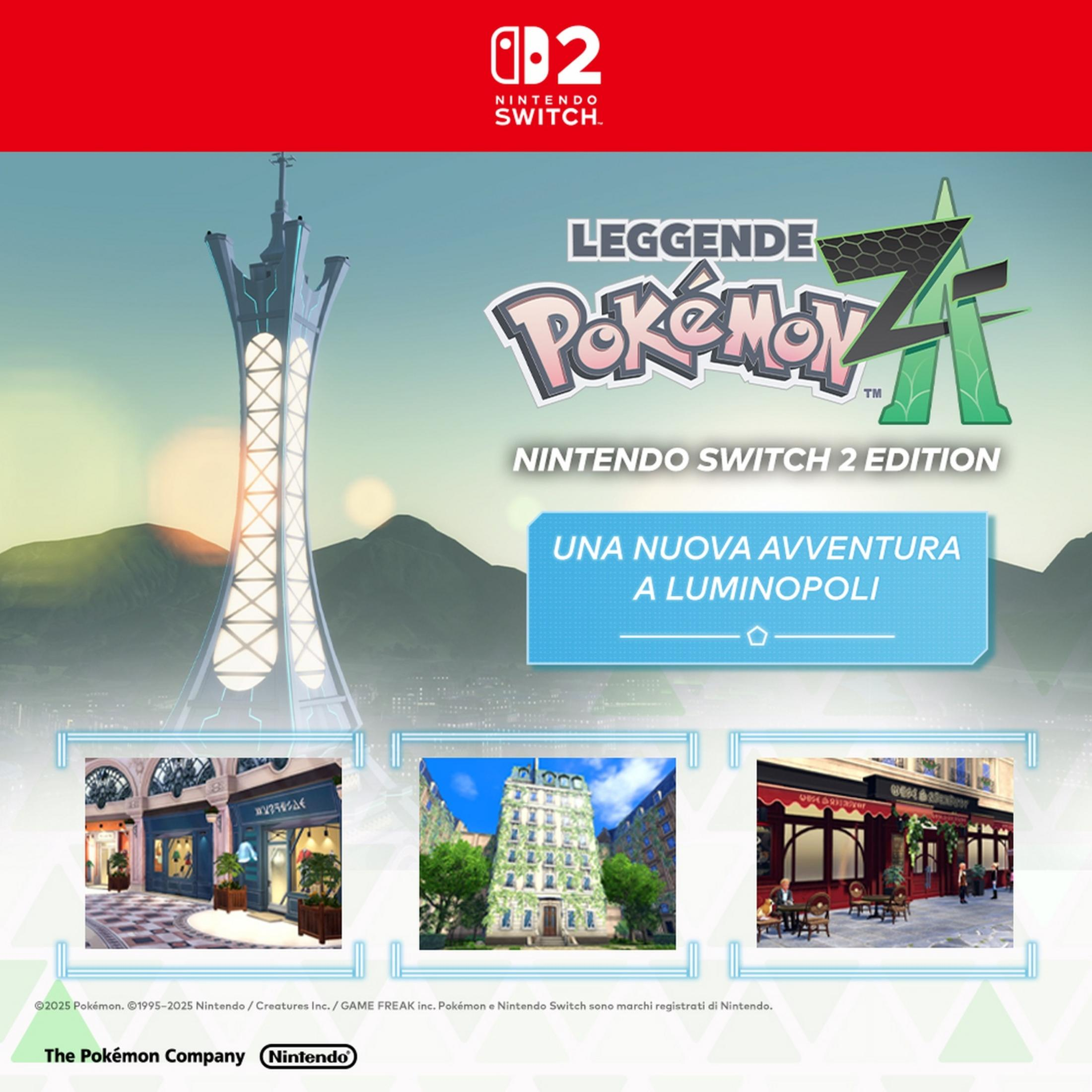Werbung für Pokémon Legenden Z-A für Nintendo Switch mit Stadtansichten.