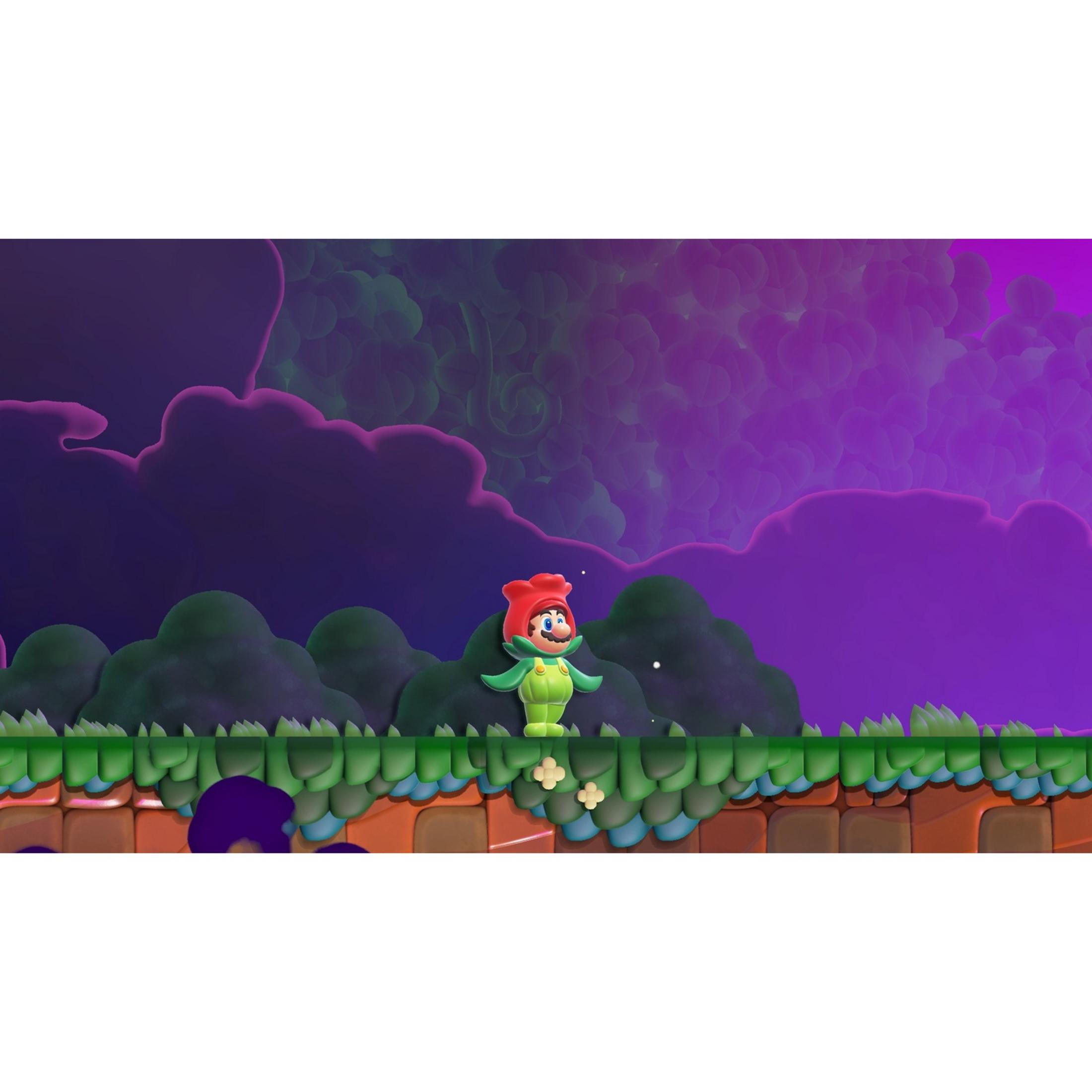 Mario in costume da fiore si erge davanti a nuvole viola e colline verdi.