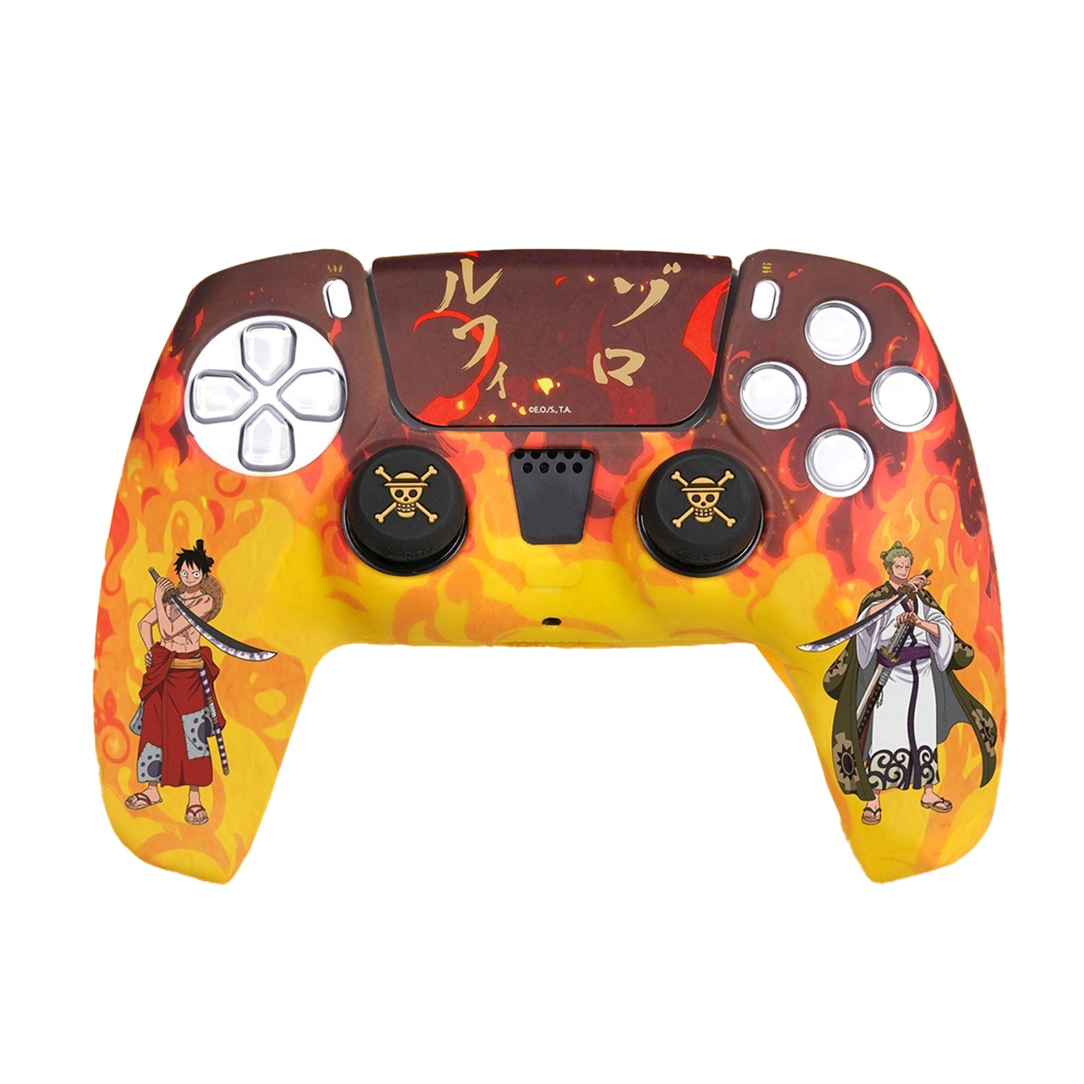 Controller con personaggi anime e design a fiamme. Sfumatura giallo-arancio.