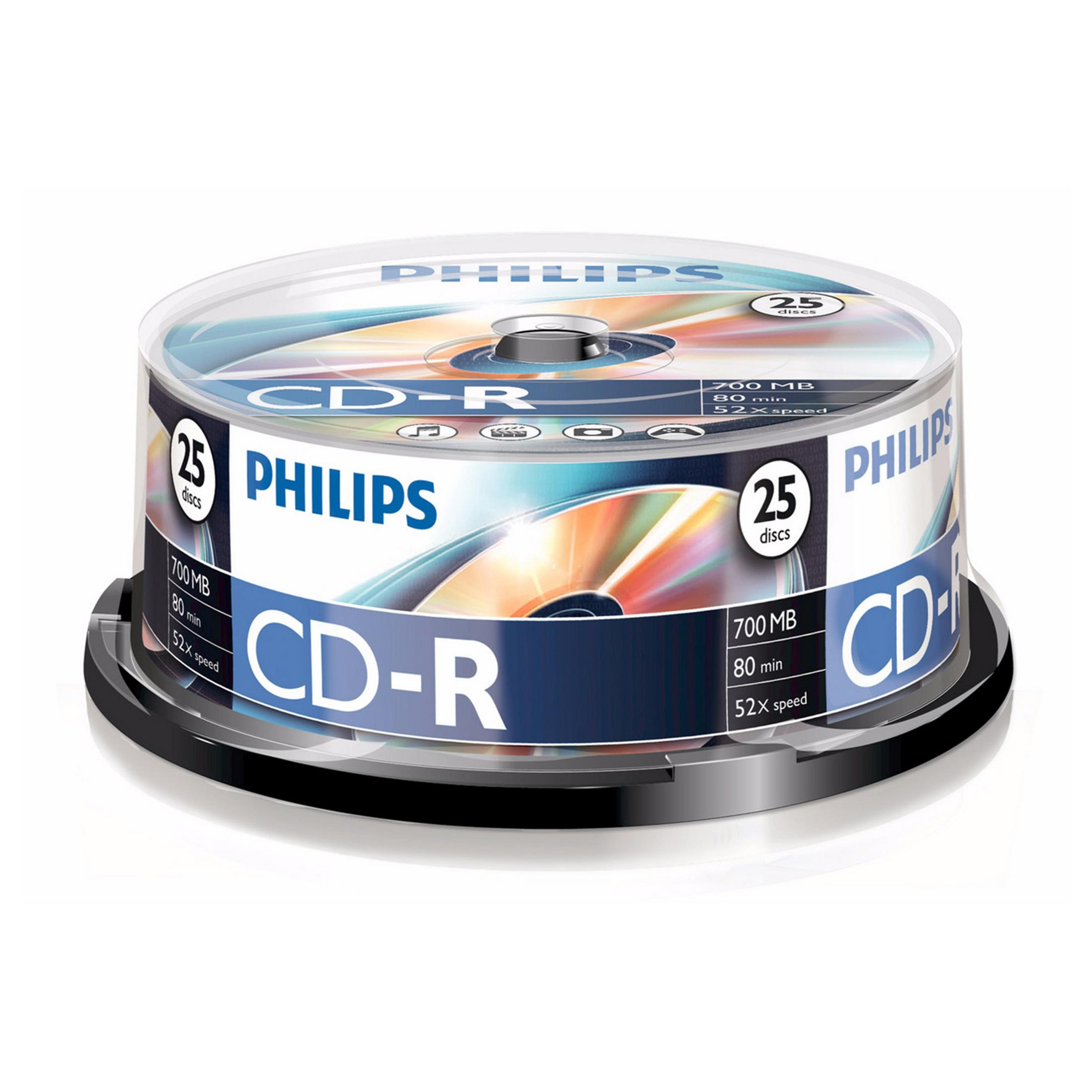 Eine Packung mit 25 Philips CD-Rs mit 700 MB Speicherkapazität und 52-facher Geschwindigkeit.