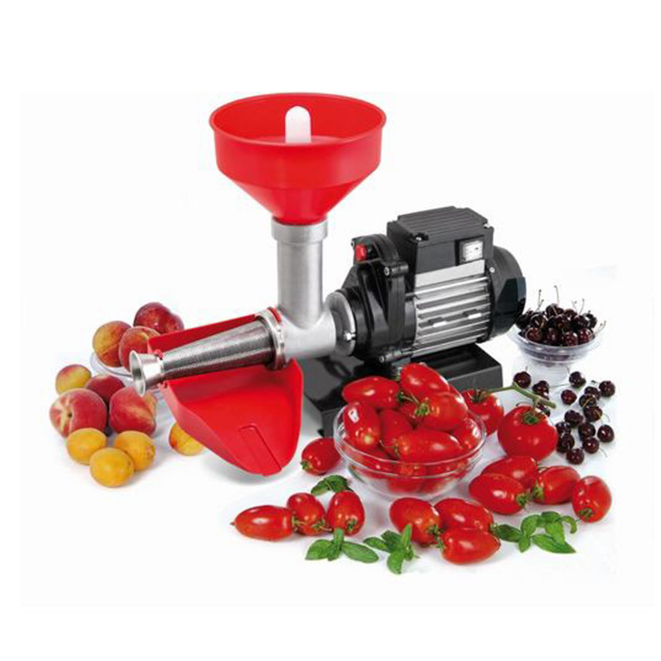 Eine rote Tomatenpresse mit Motor, umgeben von Tomaten, Kirschen und Pfirsichen.