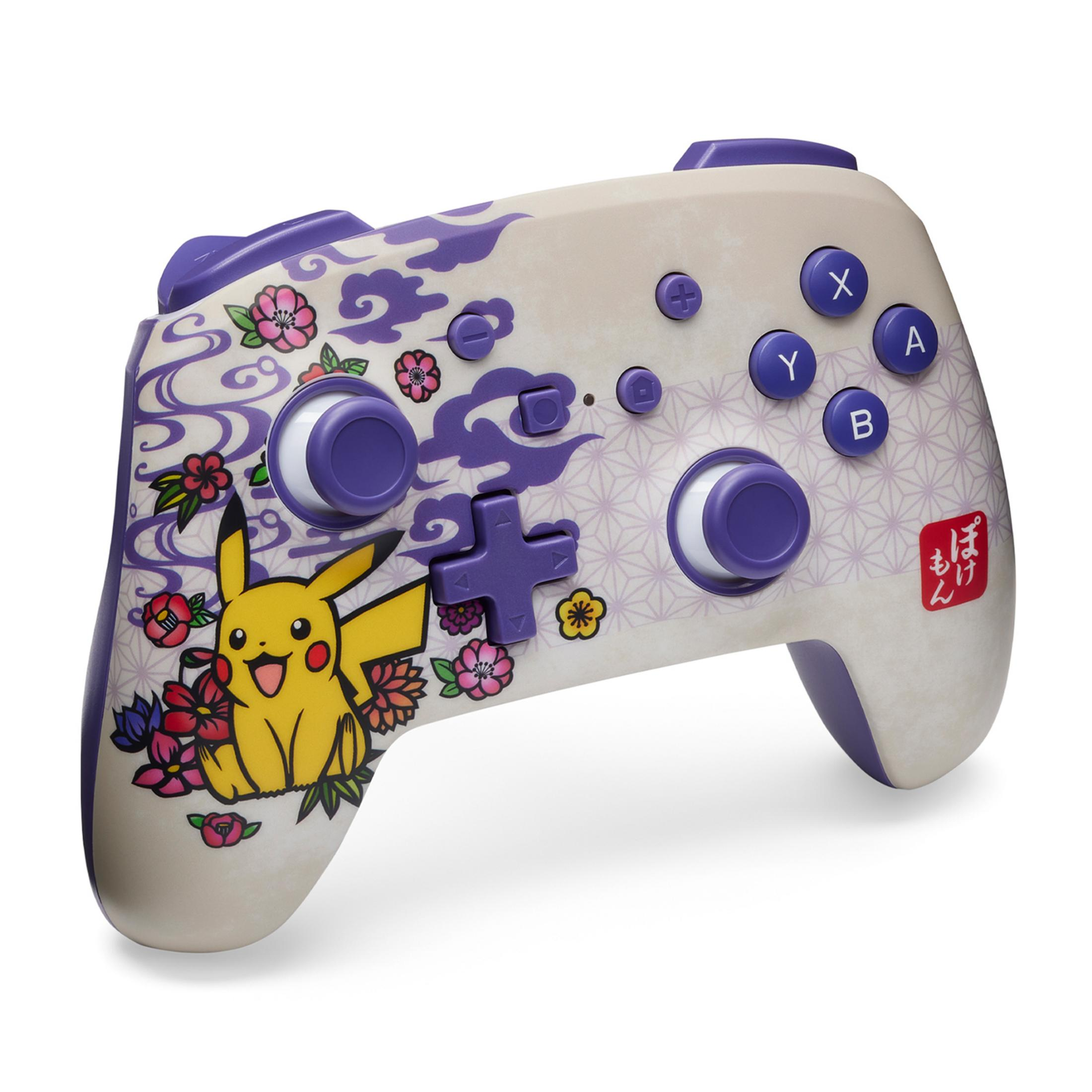Ein heller Controller mit Pikachu und Blumen im japanischen Stil.