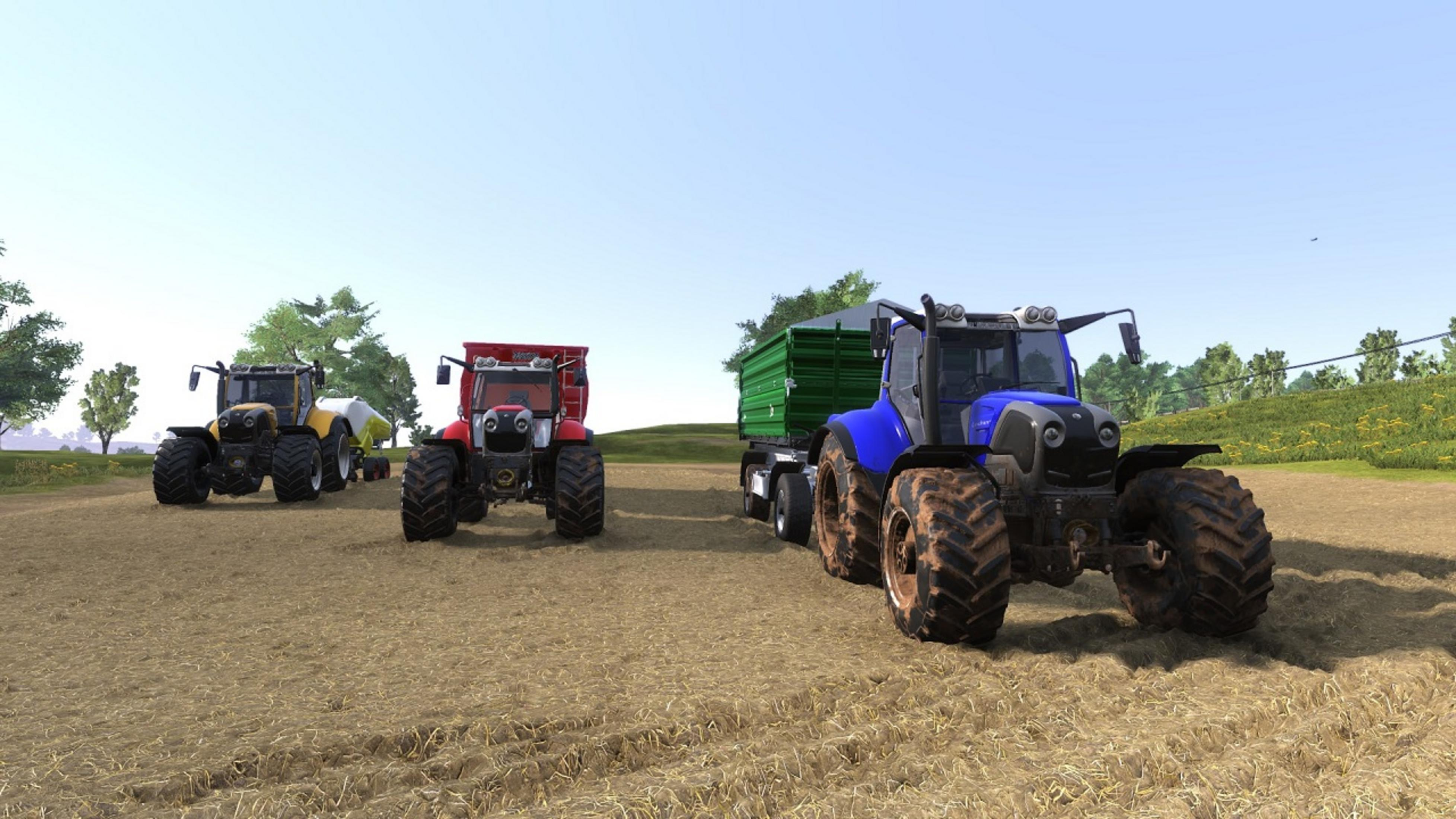 Drei Traktoren mit Anhängern auf einem Feld. Ein blauer Traktor ist im Vordergrund.