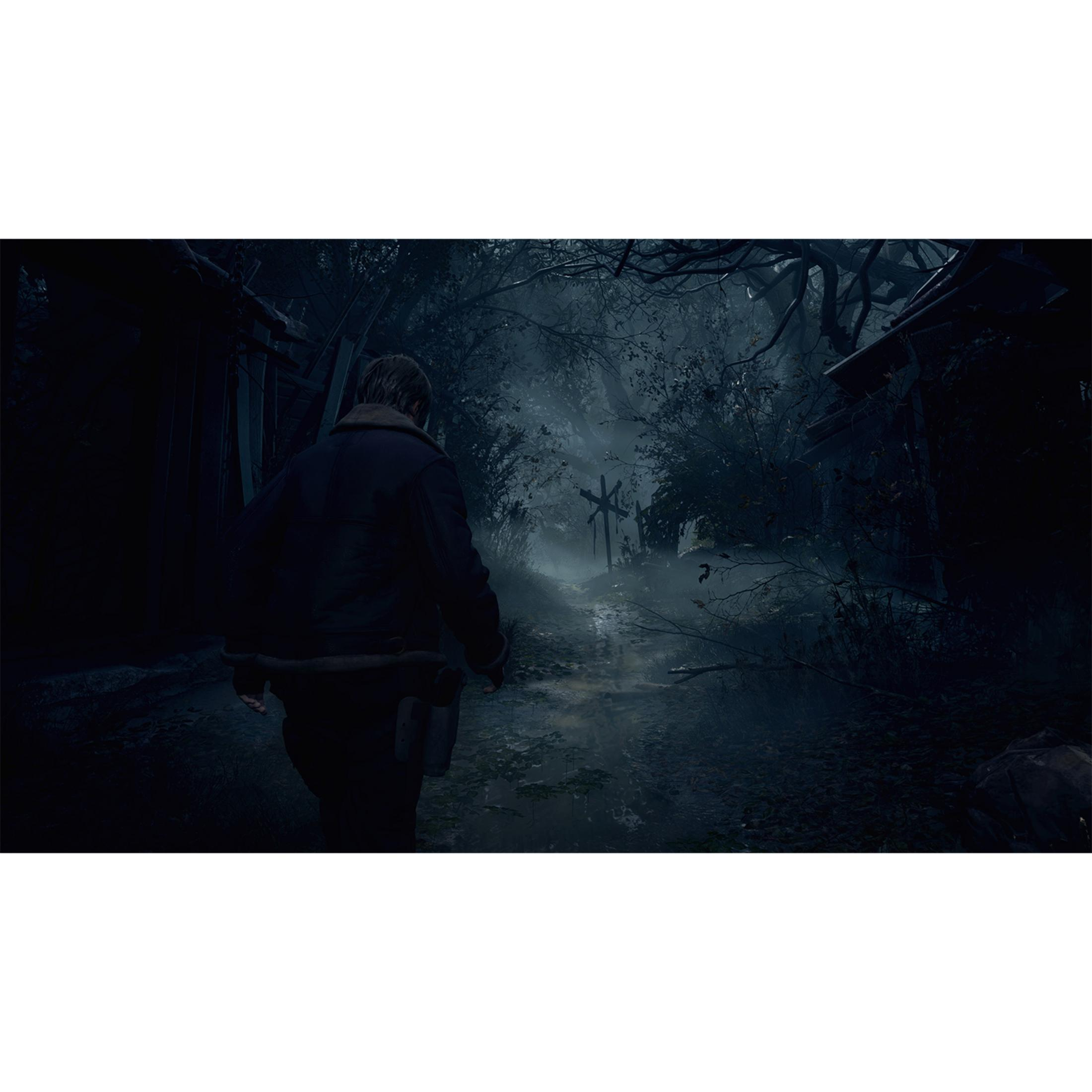 Hombre en bosque oscuro con cruz y niebla.