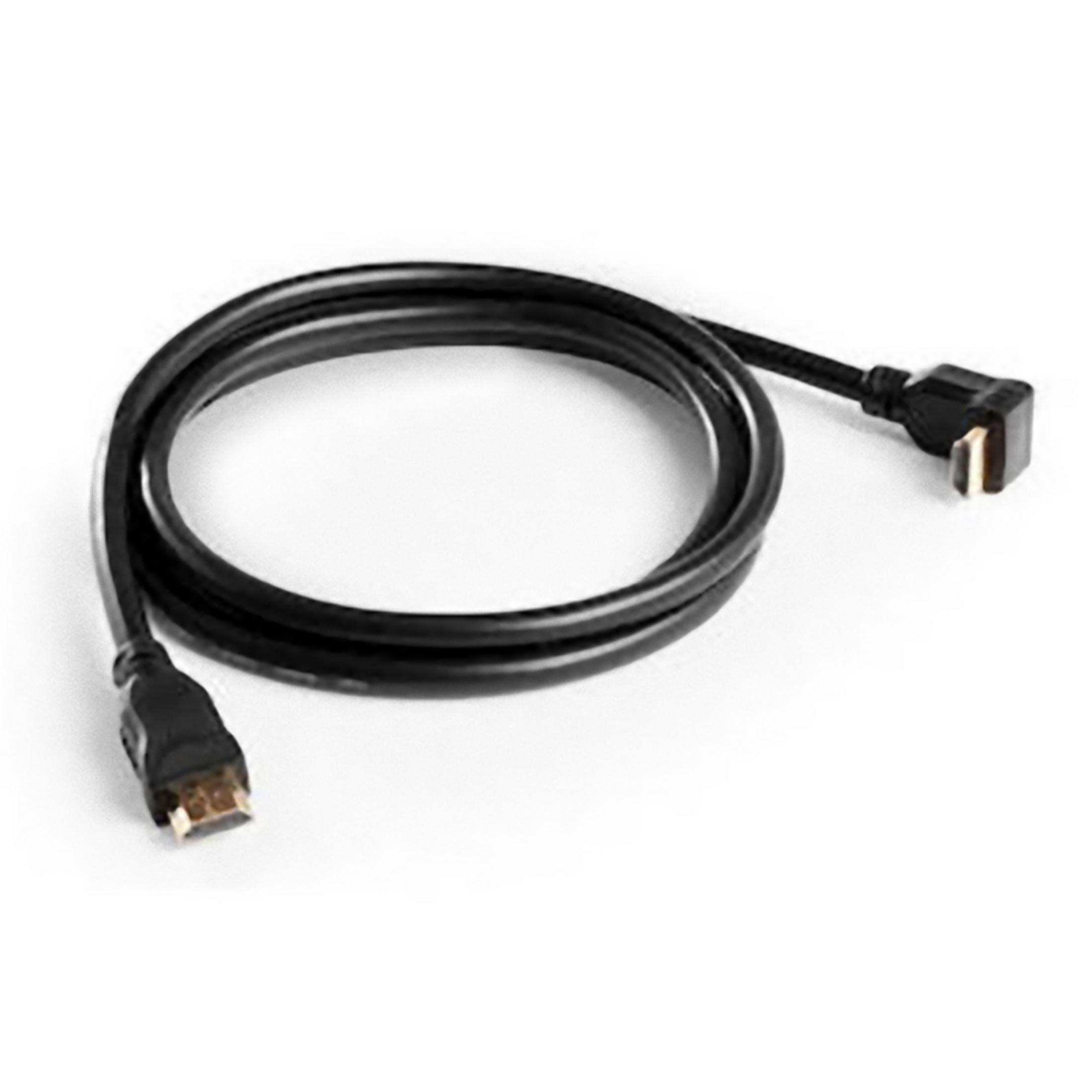 Cavo HDMI nero con connettori angolati, su sfondo bianco.