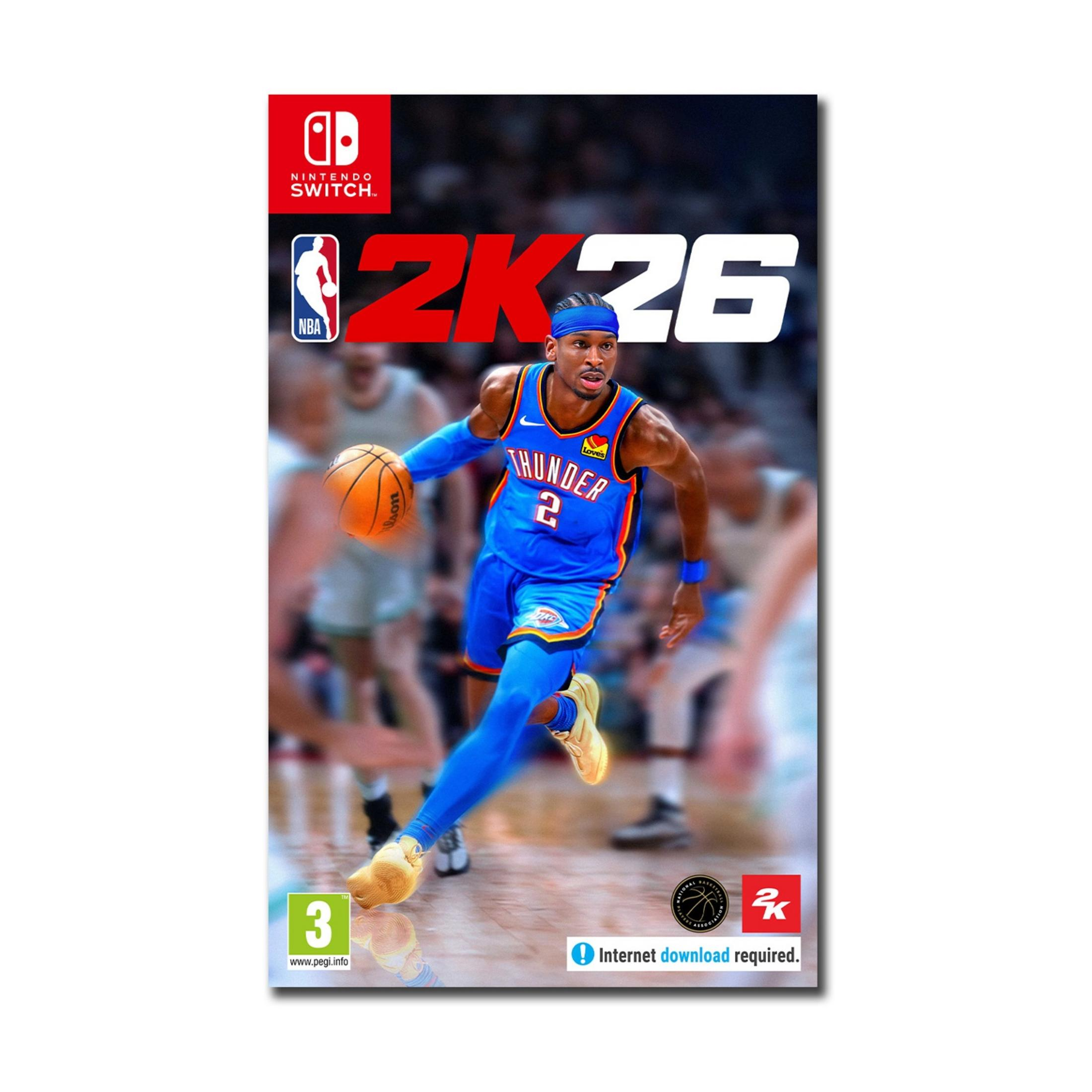 Copertina del gioco NBA 2K26 con un giocatore in maglia blu, che palleggia.