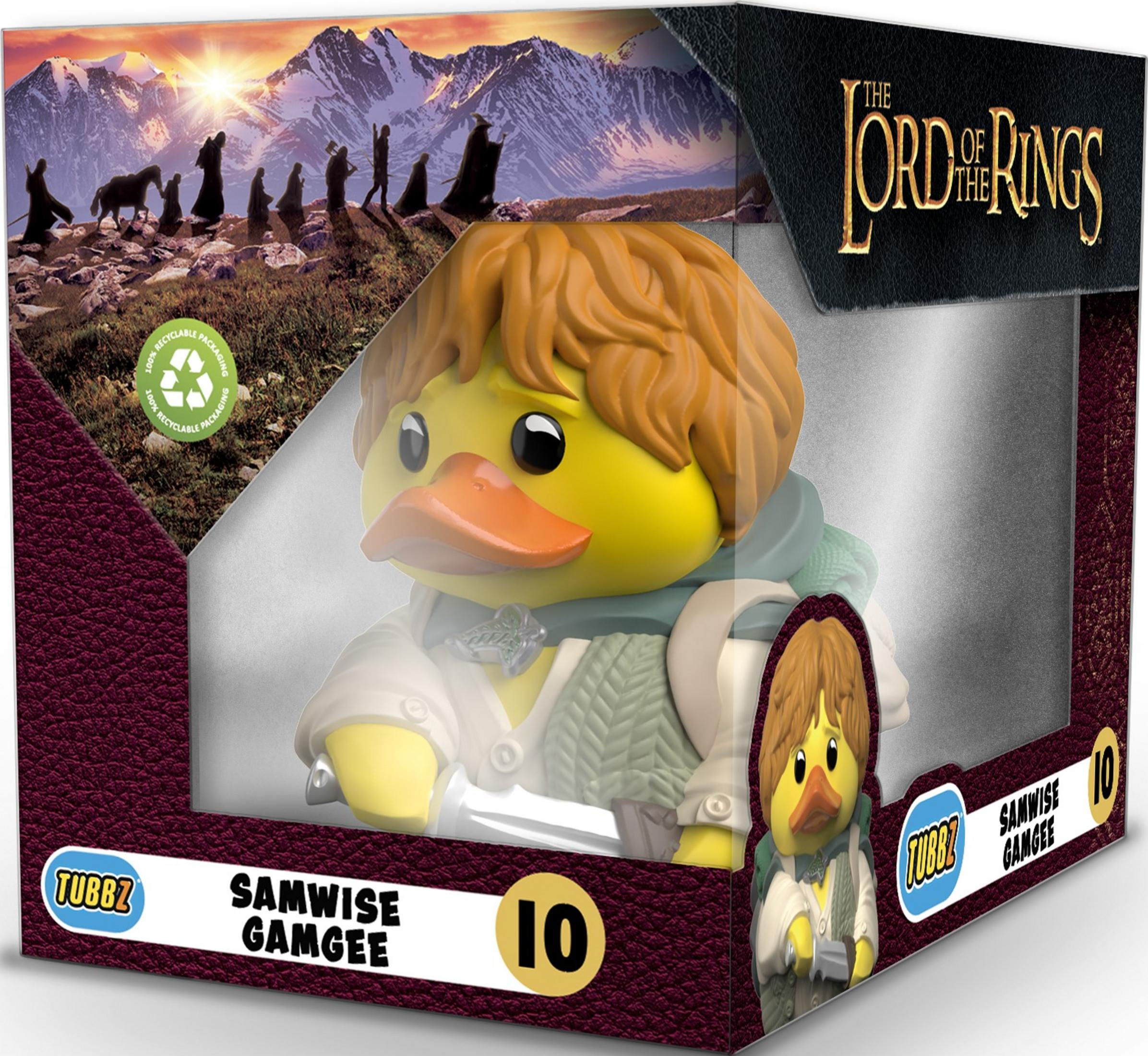 Ein gelber Gummi-Enten-Sammlerstück von Samweis Gamdschie mit Herr der Ringe-Logo.