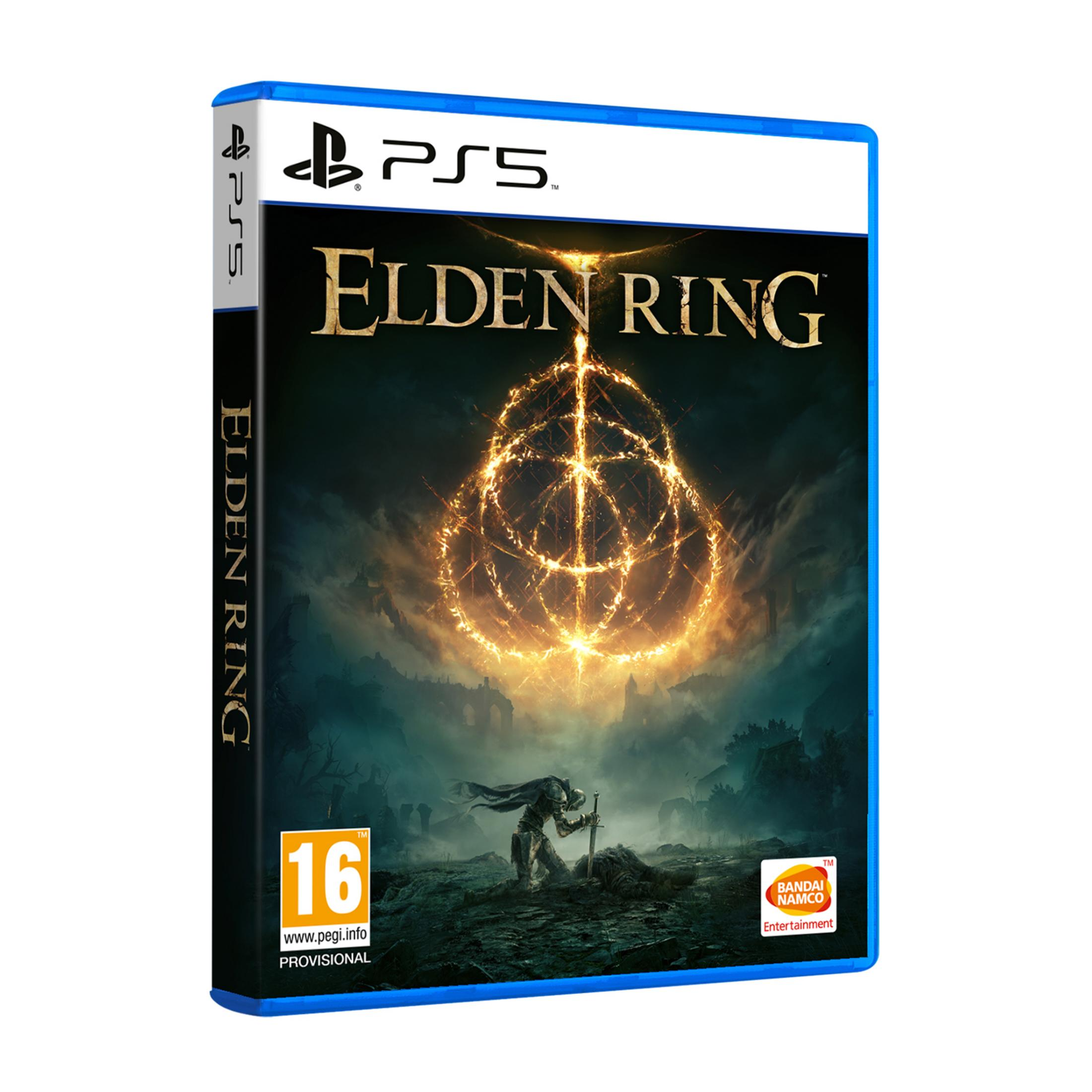 Caja del juego Elden Ring PS5 con un guerrero arrodillado ante un anillo brillante.