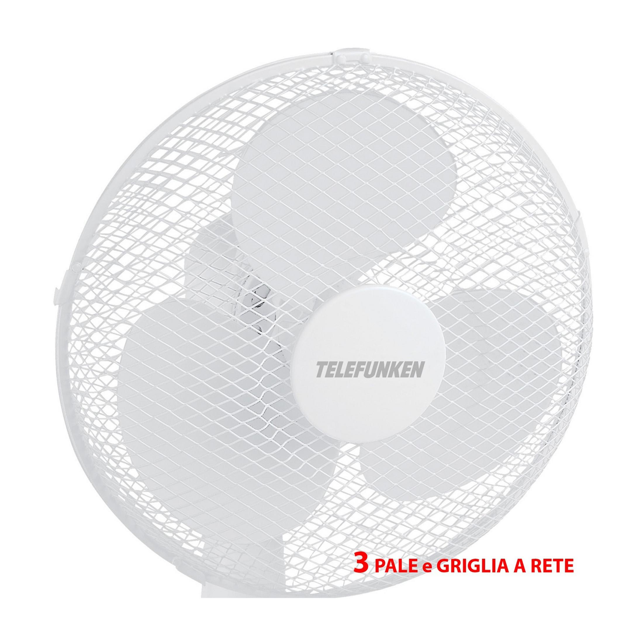 Biały wentylator z trzema łopatkami i siatkową kratką, z logo Telefunken.