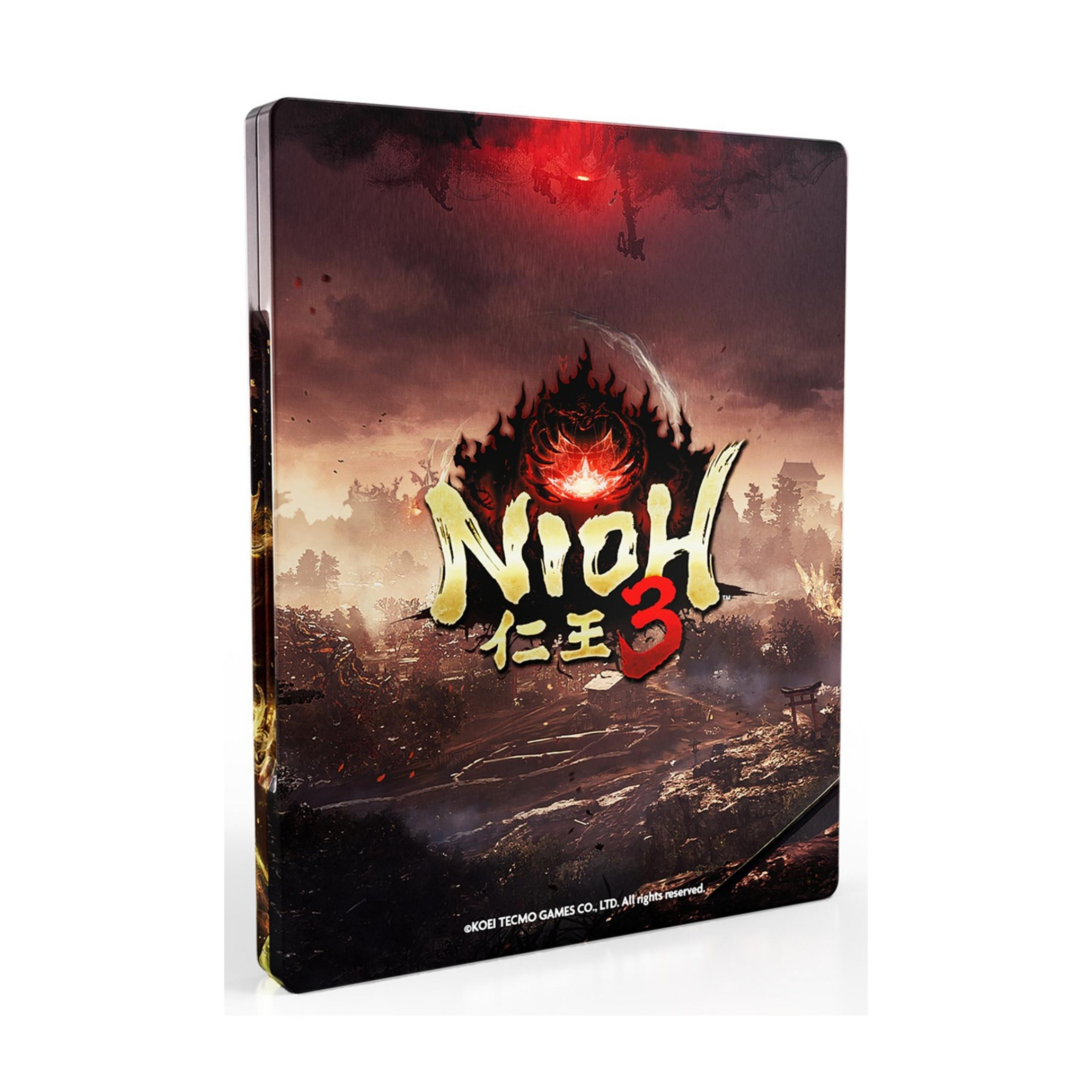 La copertina del gioco Nioh 3 raffigura una cupa scena di battaglia con un demone e un castello.
