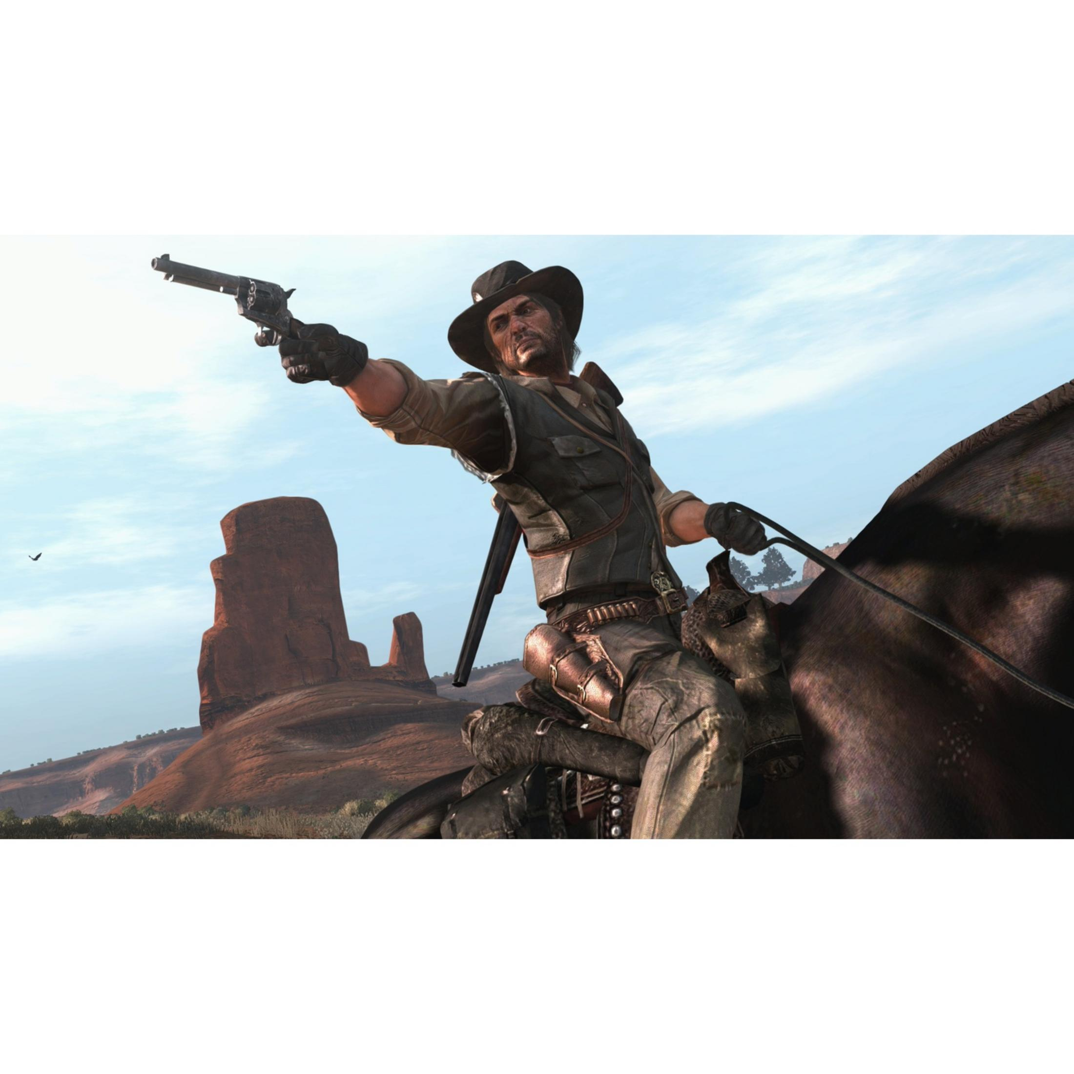 Un cowboy cavalca, sollevando una pistola. Paesaggio desertico sullo sfondo.