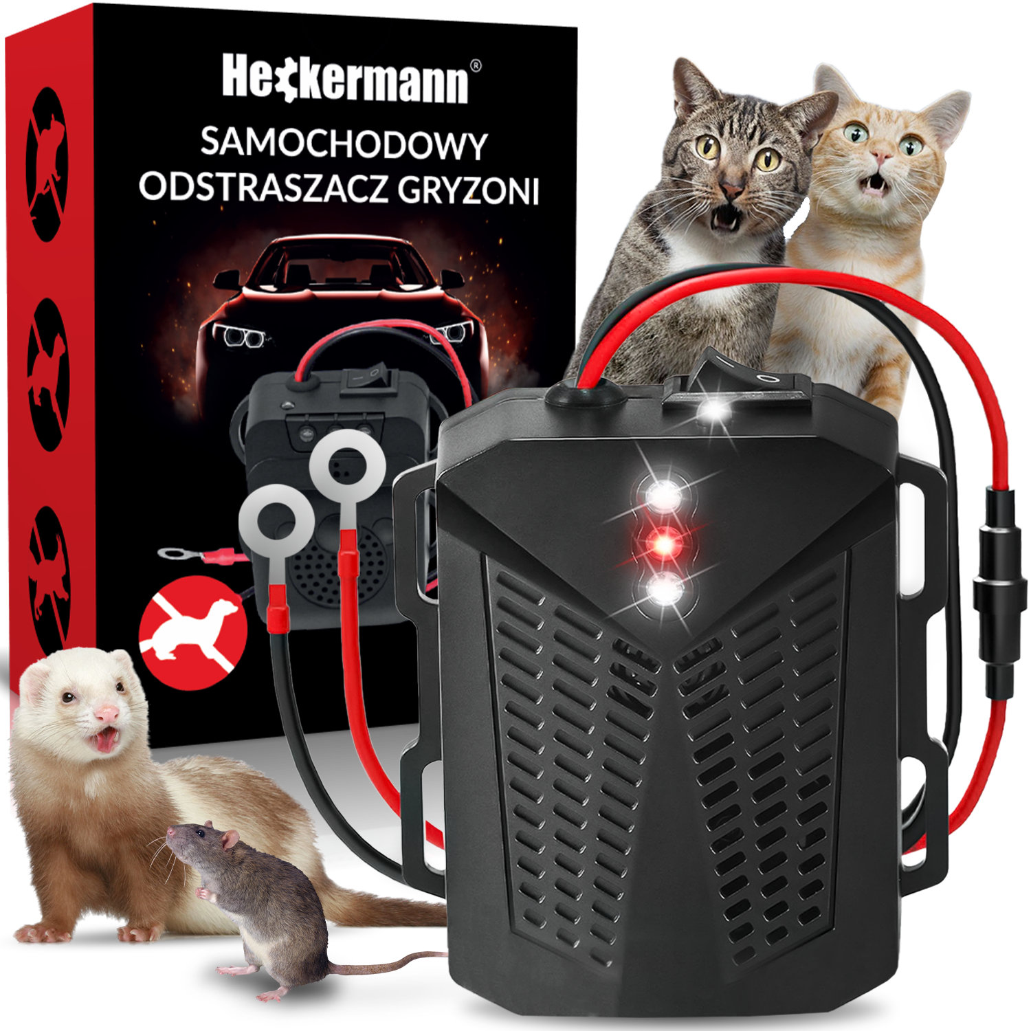 Czarny odstraszacz ultradźwiękowy z kotami, fretką i szczurem.