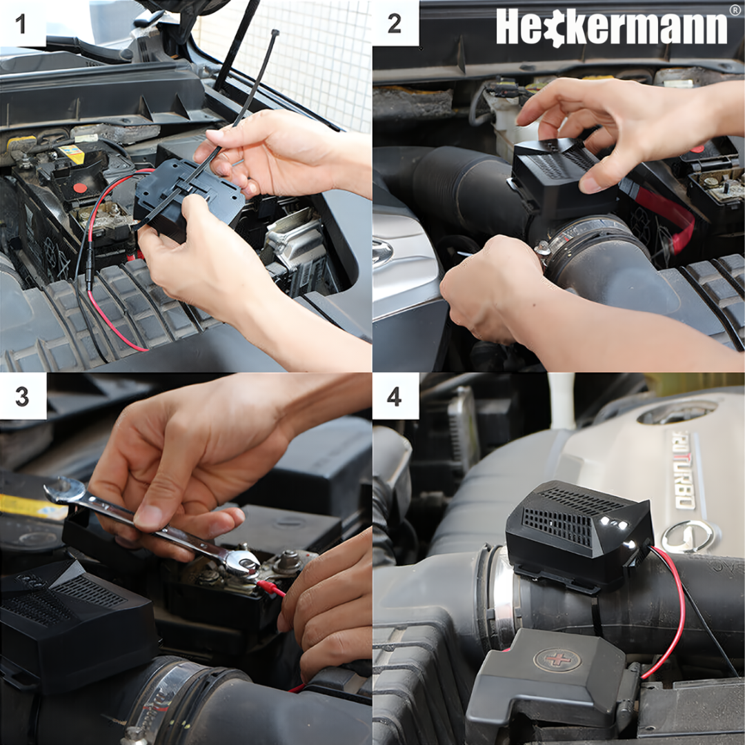 Instrukcja instalacji: 1. Podłącz kabel do akumulatora. 2. Zamontuj urządzenie do filtra powietrza. 3. Dokręć śrubę. 4. Gotowe.