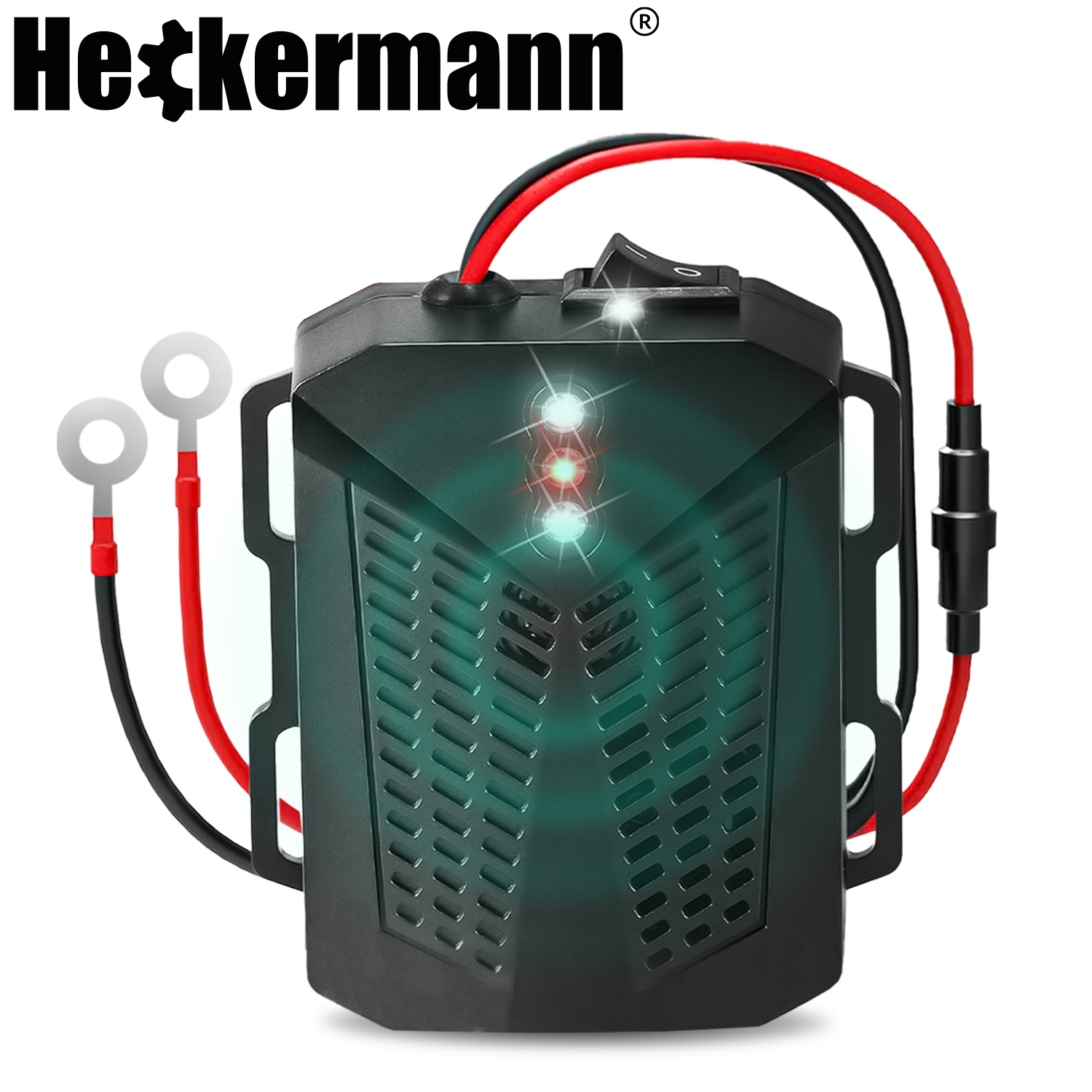 Czarne urządzenie z czerwonymi i czarnymi przewodami, przełącznikiem i światłami.