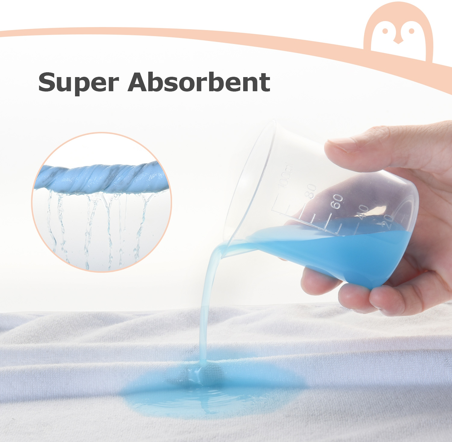 Liquido blu versato da un bicchiere su tessuto bianco. Testo superiore: Super Absorbent.