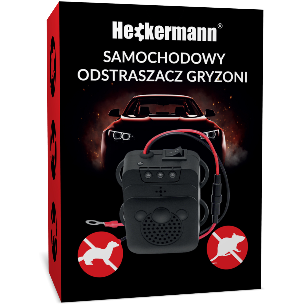 Elektroniczny odstraszacz szkodników samochodowych z symbolami ostrzegawczymi.