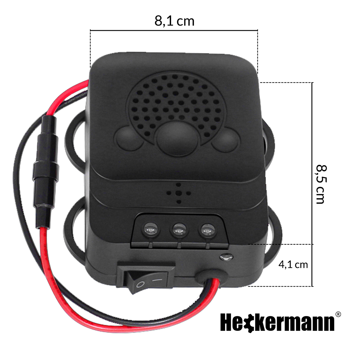 Czarny urządzenie z kablami, przełącznikiem i diodami LED. Podano wymiary.