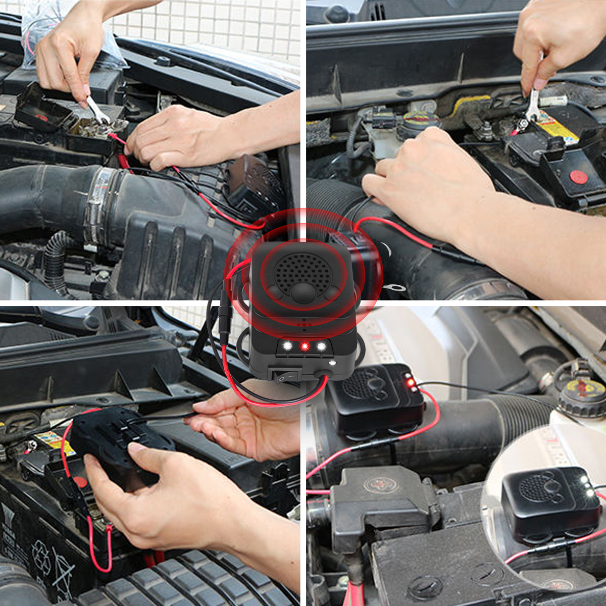 Osoby naprawiają i ładują akumulatory samochodowe czarnym urządzeniem.