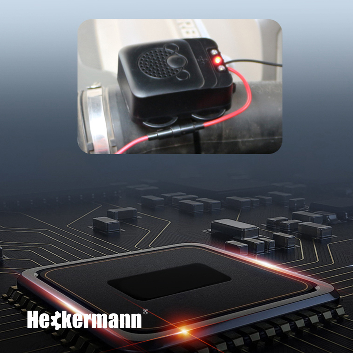 Czarny sygnalizator z czerwonym przewodem i światłem LED.