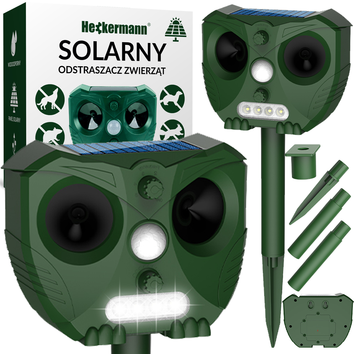 Zielony solarny odstraszacz zwierząt z panelem słonecznym, głośnikami i światłem. Akcesoria również widoczne.
