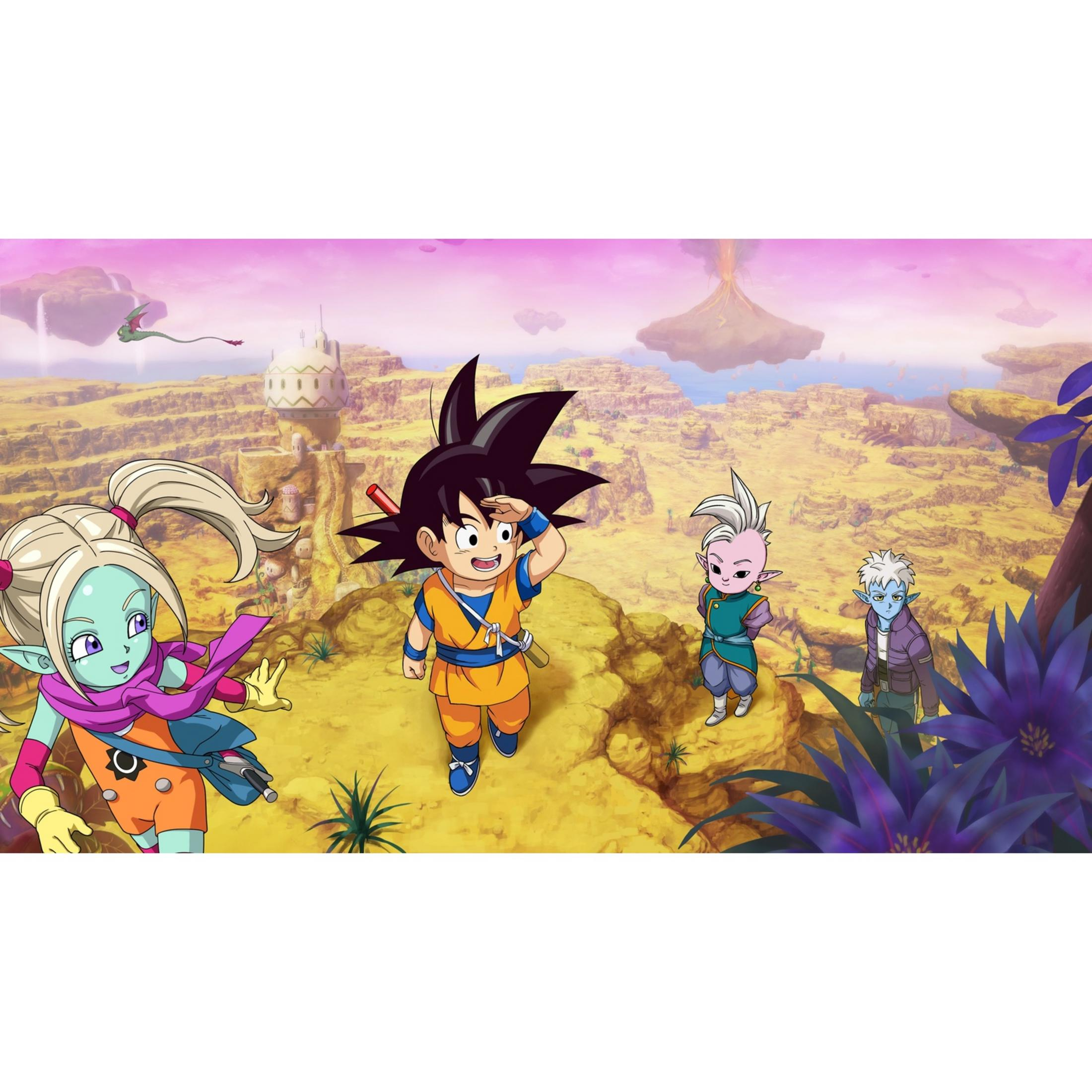 Quattro personaggi anime in un paesaggio desertico con isole fluttuanti e un vulcano.